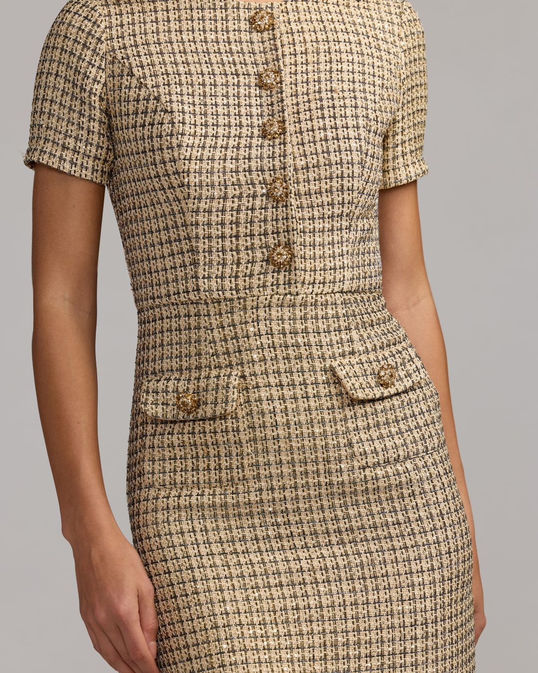 Nude Gold Boucle Button Front Midi Dress - Ieena for Mac Duggal