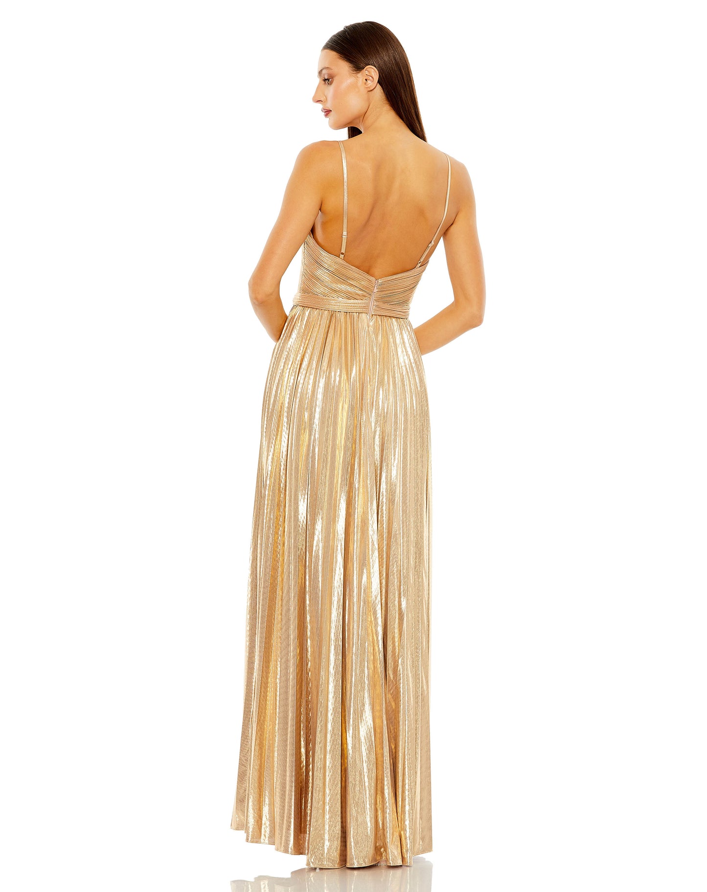 Metallic Slim Strap Deep V Pleated Gown