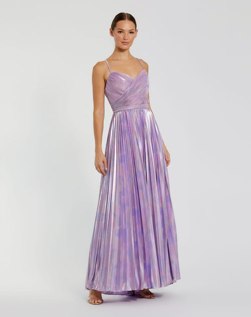 Metallic Slim Strap Deep V Pleated Gown