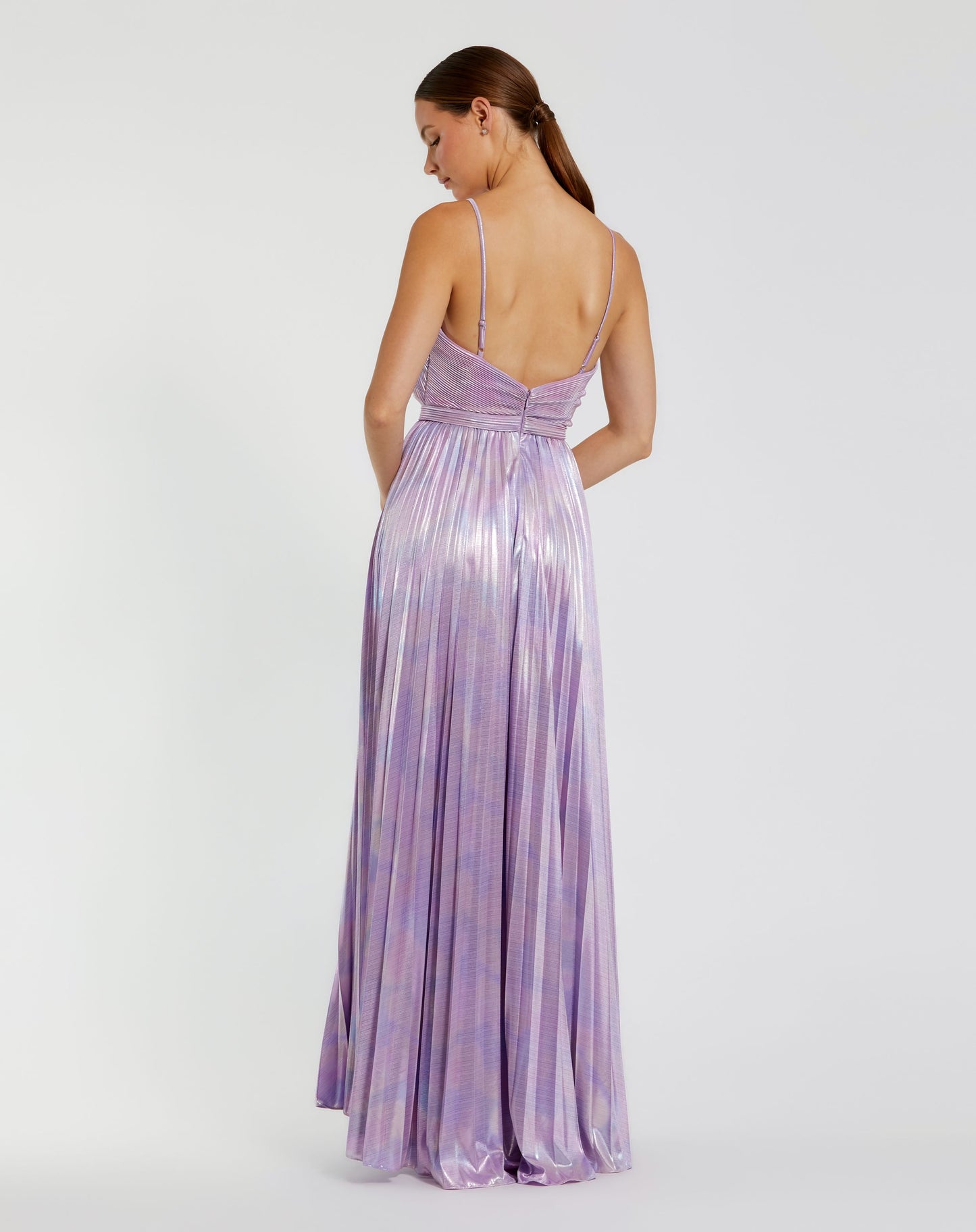 Metallic Slim Strap Deep V Pleated Gown