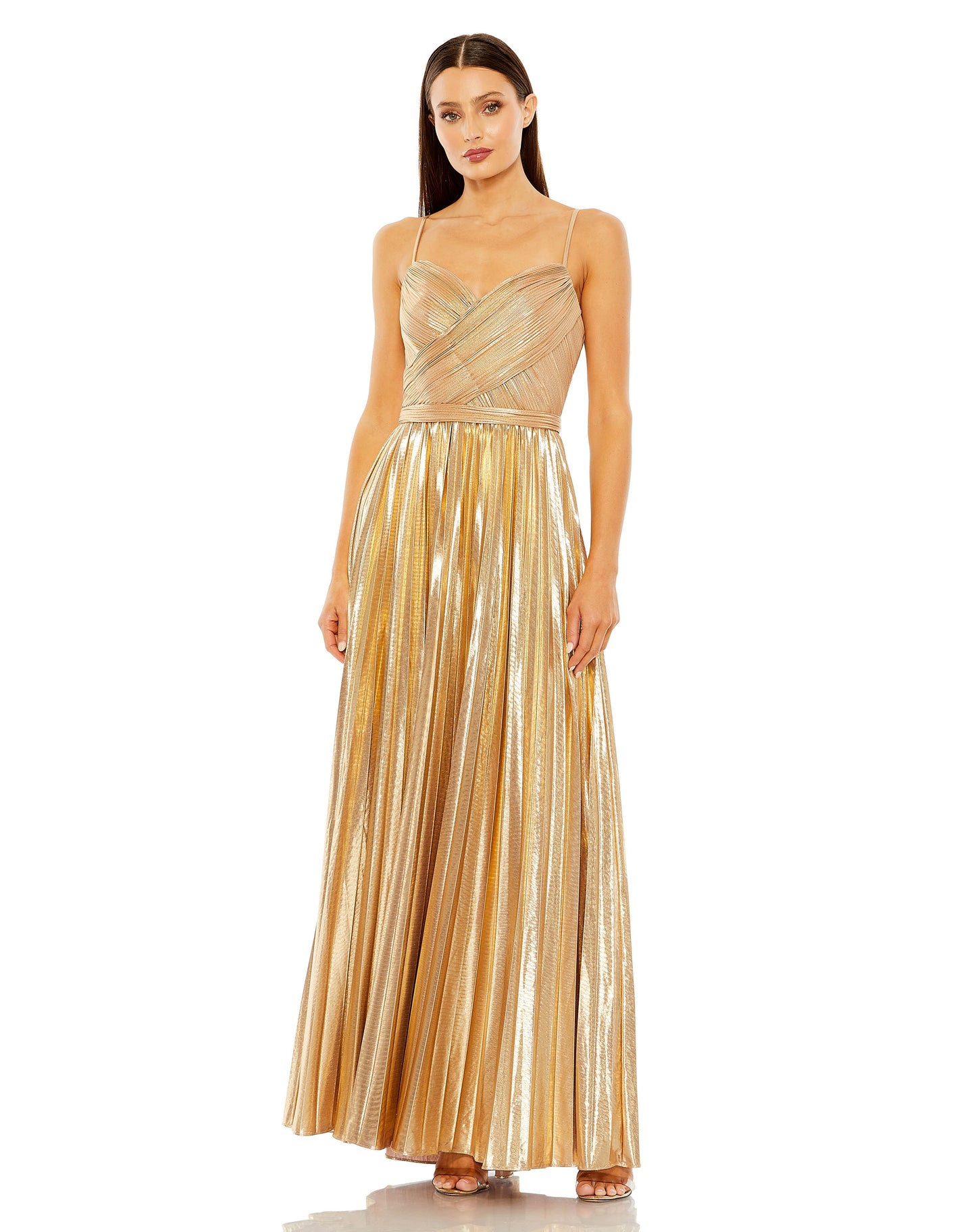 Metallic Slim Strap Deep V Pleated Gown