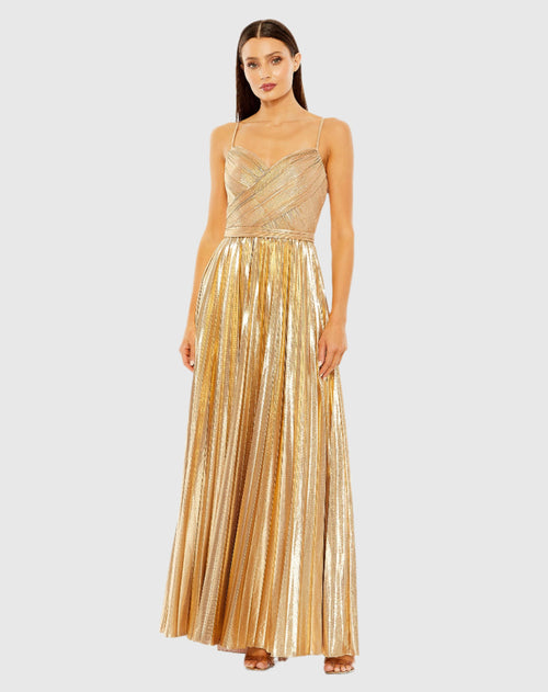 Metallic Slim Strap Deep V Pleated Gown