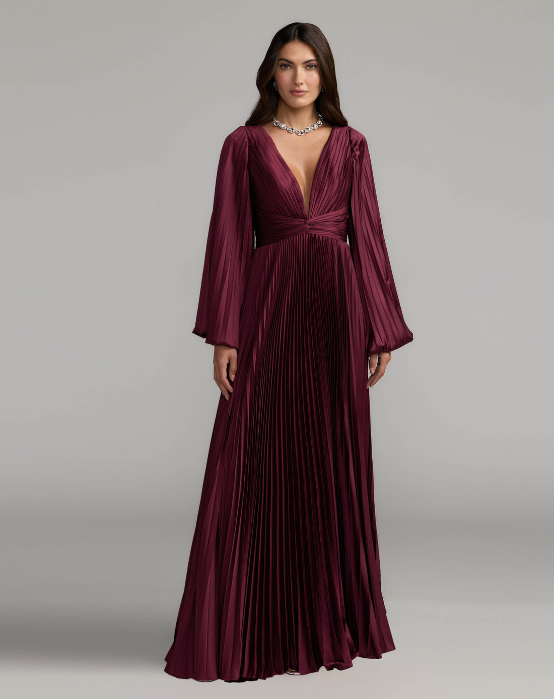 Wine Purple Pleated Satin Long Sleeve Gown - Ieena for Mac Duggal