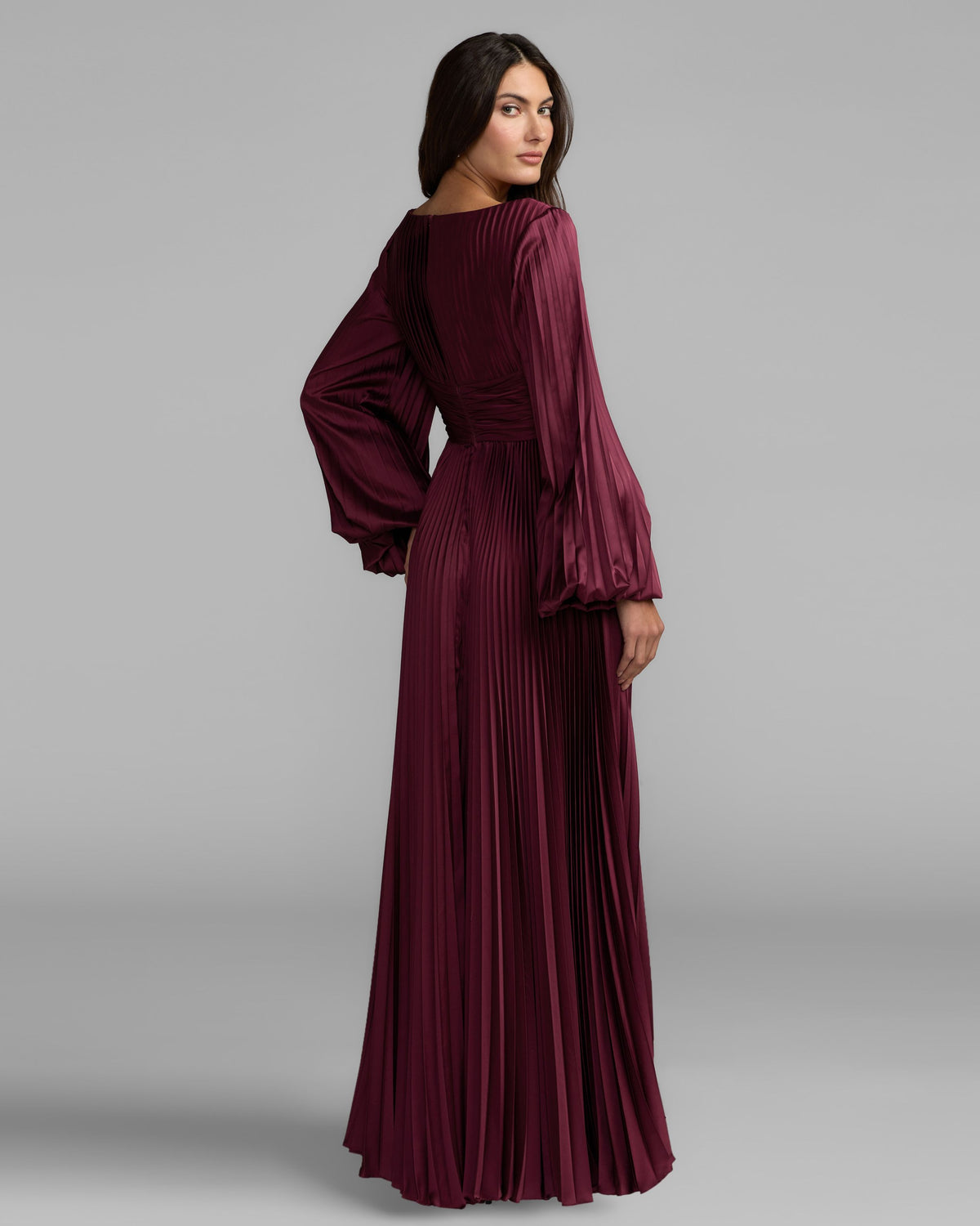 Wine Purple Pleated Satin Long Sleeve Gown - Ieena for Mac Duggal
