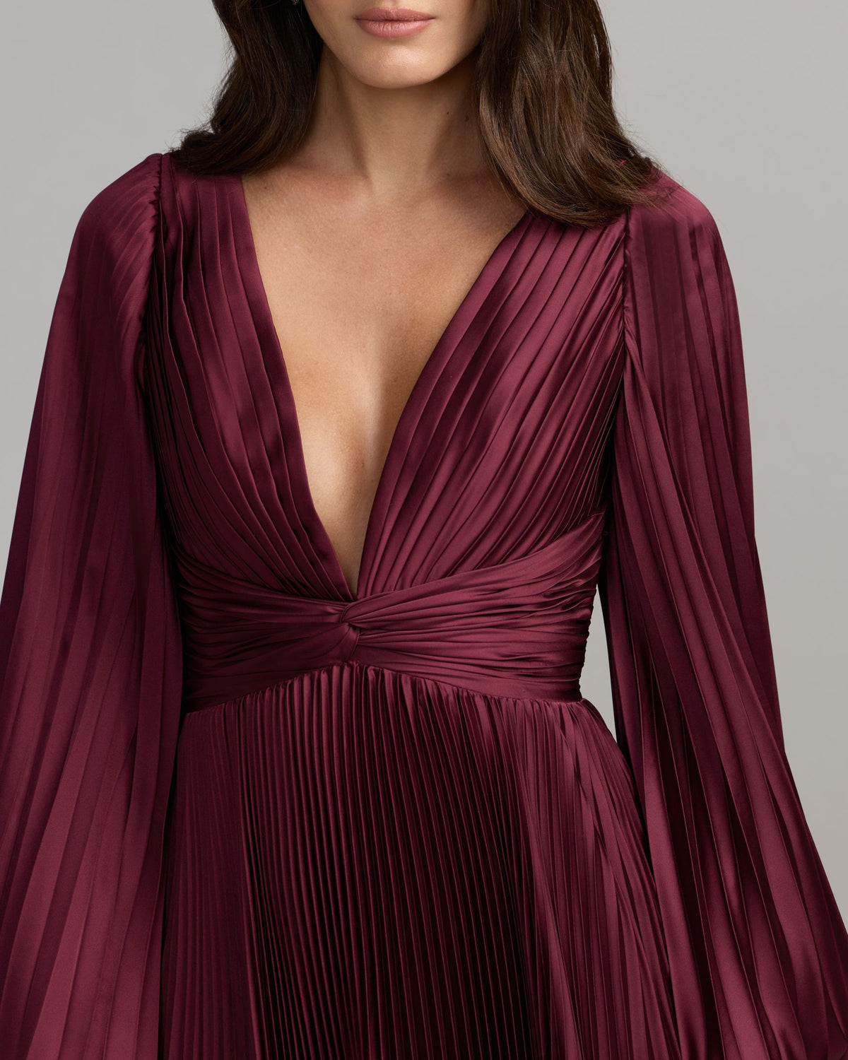 Wine Purple Pleated Satin Long Sleeve Gown - Ieena for Mac Duggal