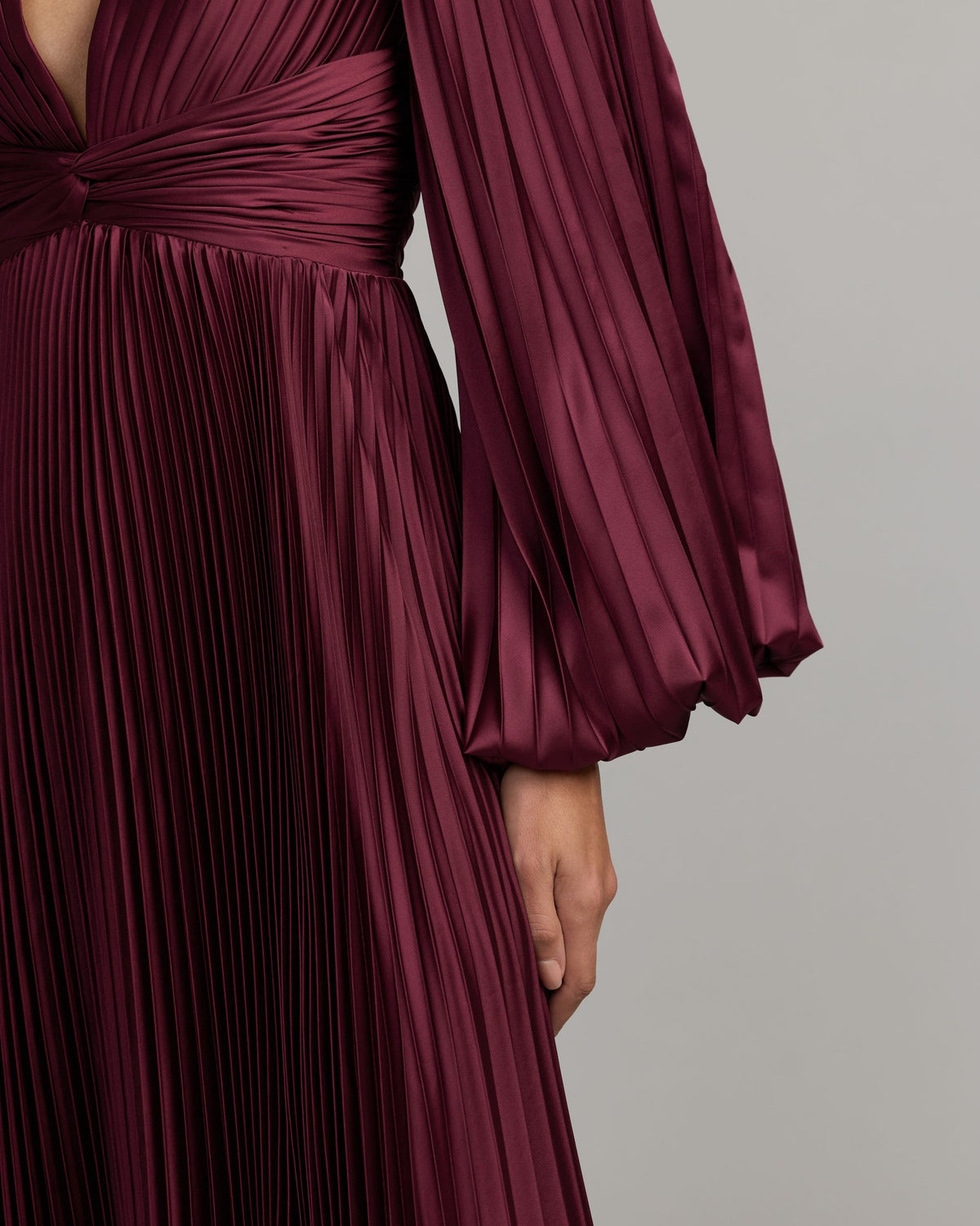 Wine Purple Pleated Satin Long Sleeve Gown - Ieena for Mac Duggal