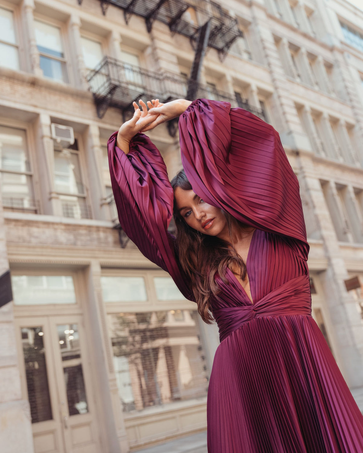 Wine Purple Pleated Satin Long Sleeve Gown - Ieena for Mac Duggal