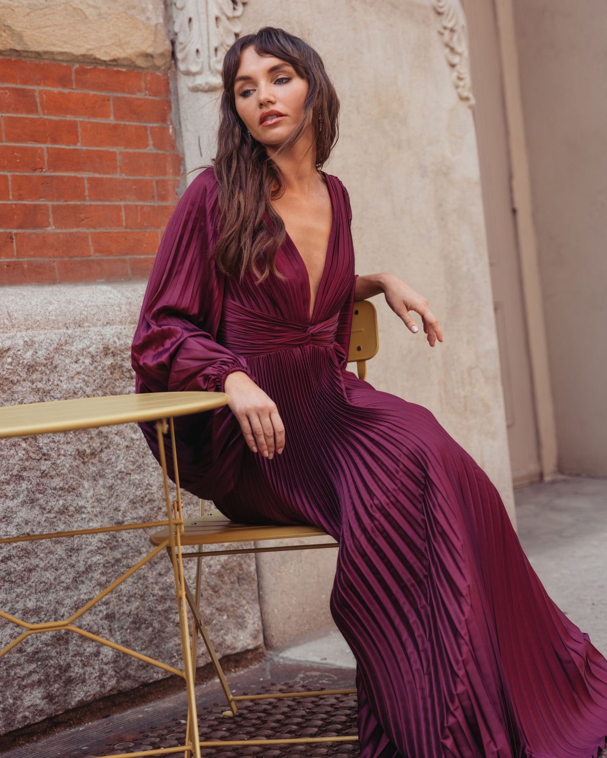 Wine Purple Pleated Satin Long Sleeve Gown - Ieena for Mac Duggal