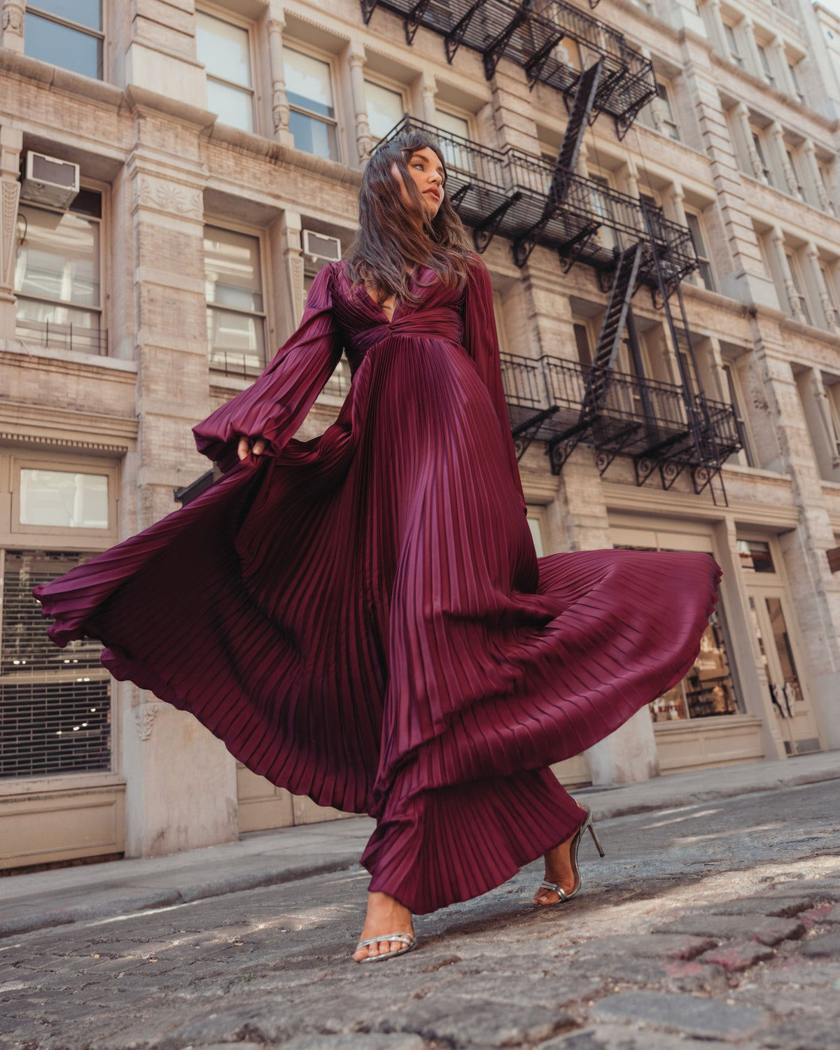 Wine Purple Pleated Satin Long Sleeve Gown - Ieena for Mac Duggal