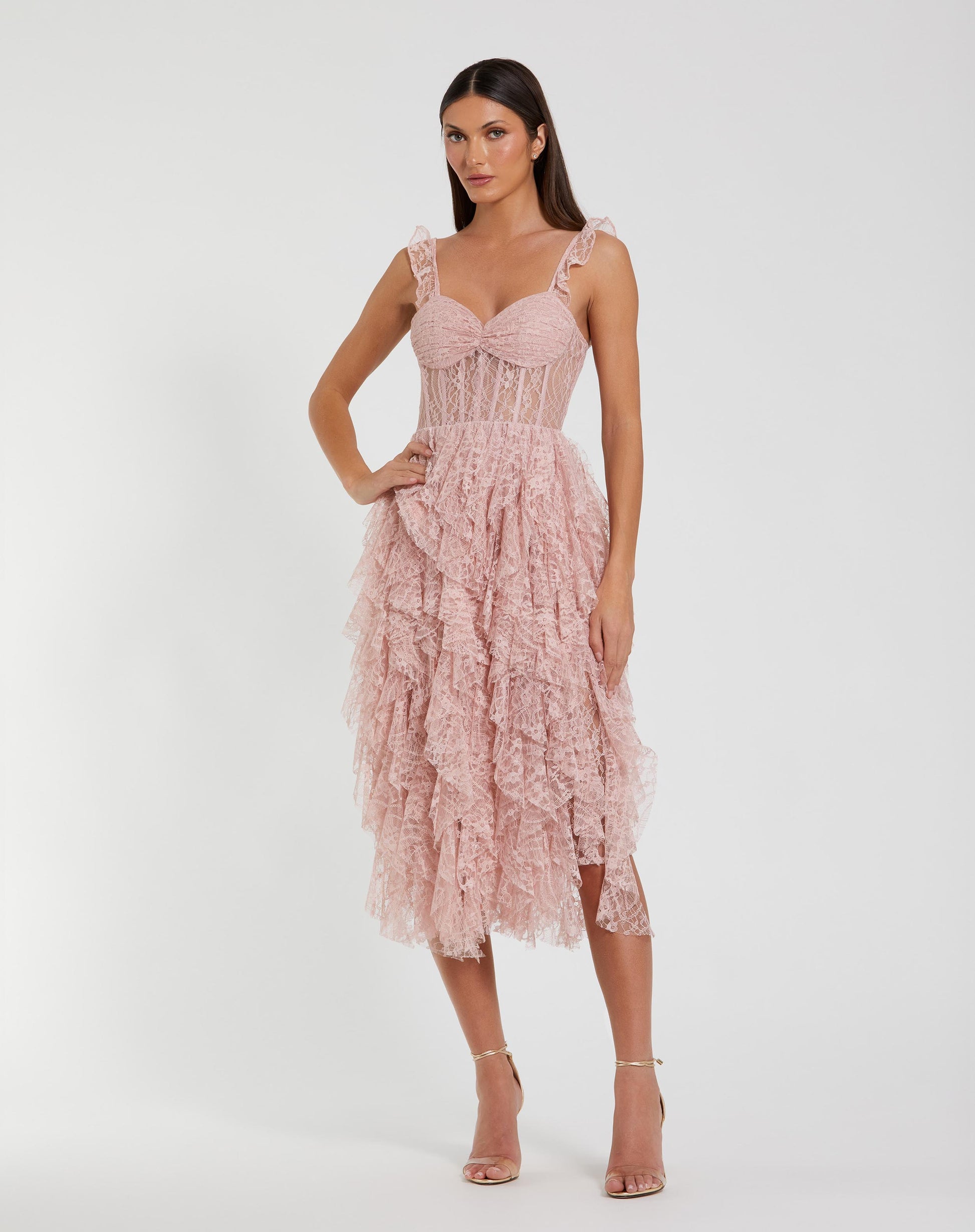 Pink Lace Ruffle Tiered Midi Dress Ieena for Mac Duggal