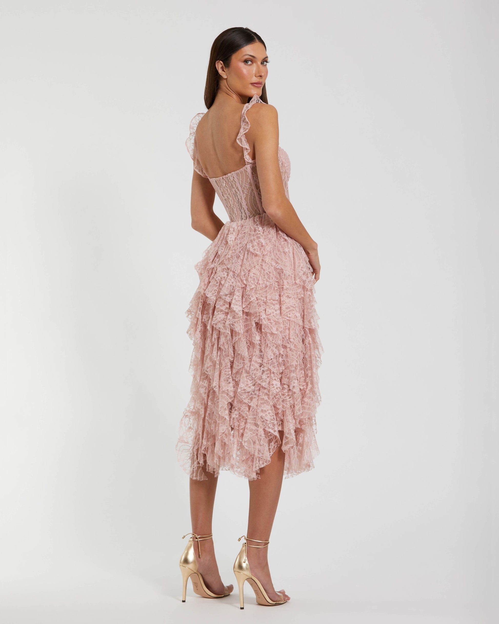 Pink Lace Ruffle Tiered Midi Dress Ieena for Mac Duggal