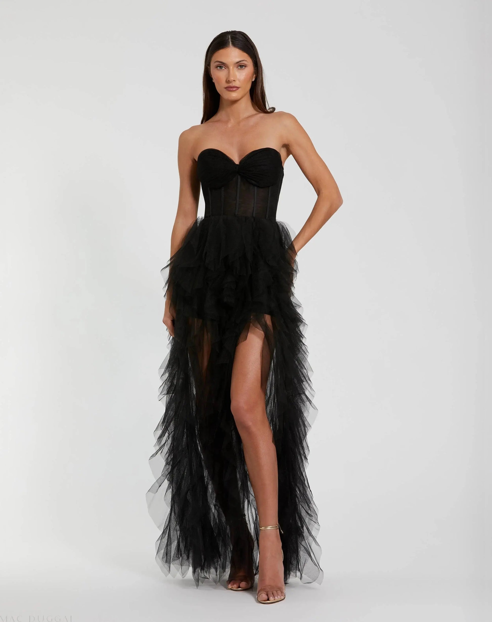 Black Strapless Bustier Net Gown With Spiral Ruffles | Mac Duggal Black Strapless Bustier Net Gown With Spiral Ruffles | Mac Duggal