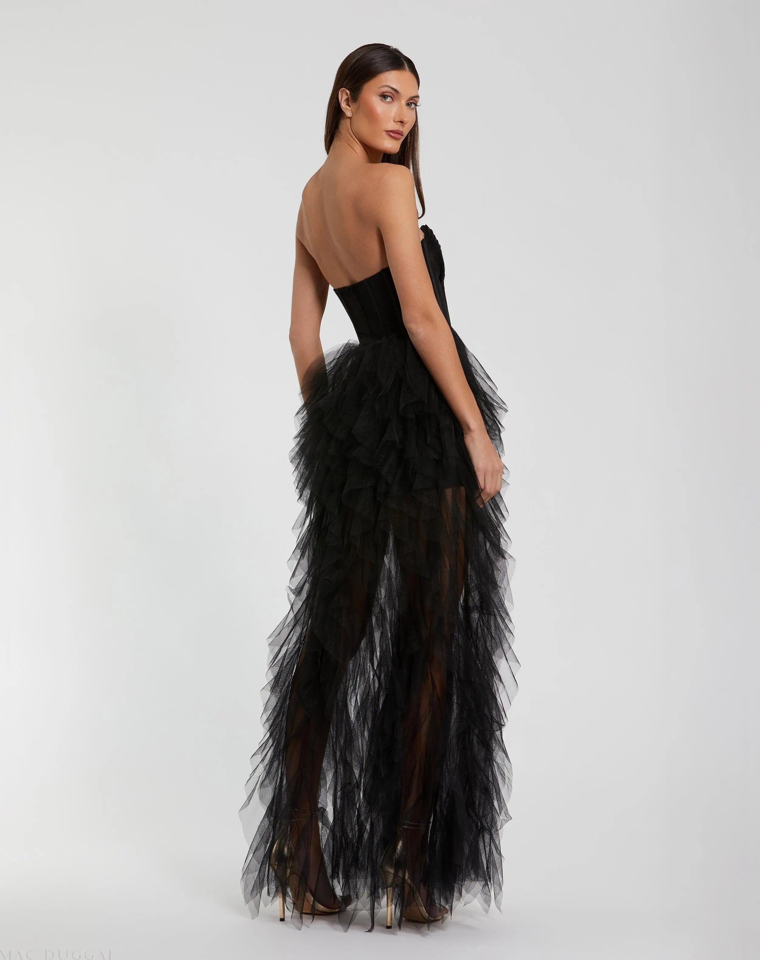 Black Strapless Bustier Net Gown With Spiral Ruffles - Mac Duggal