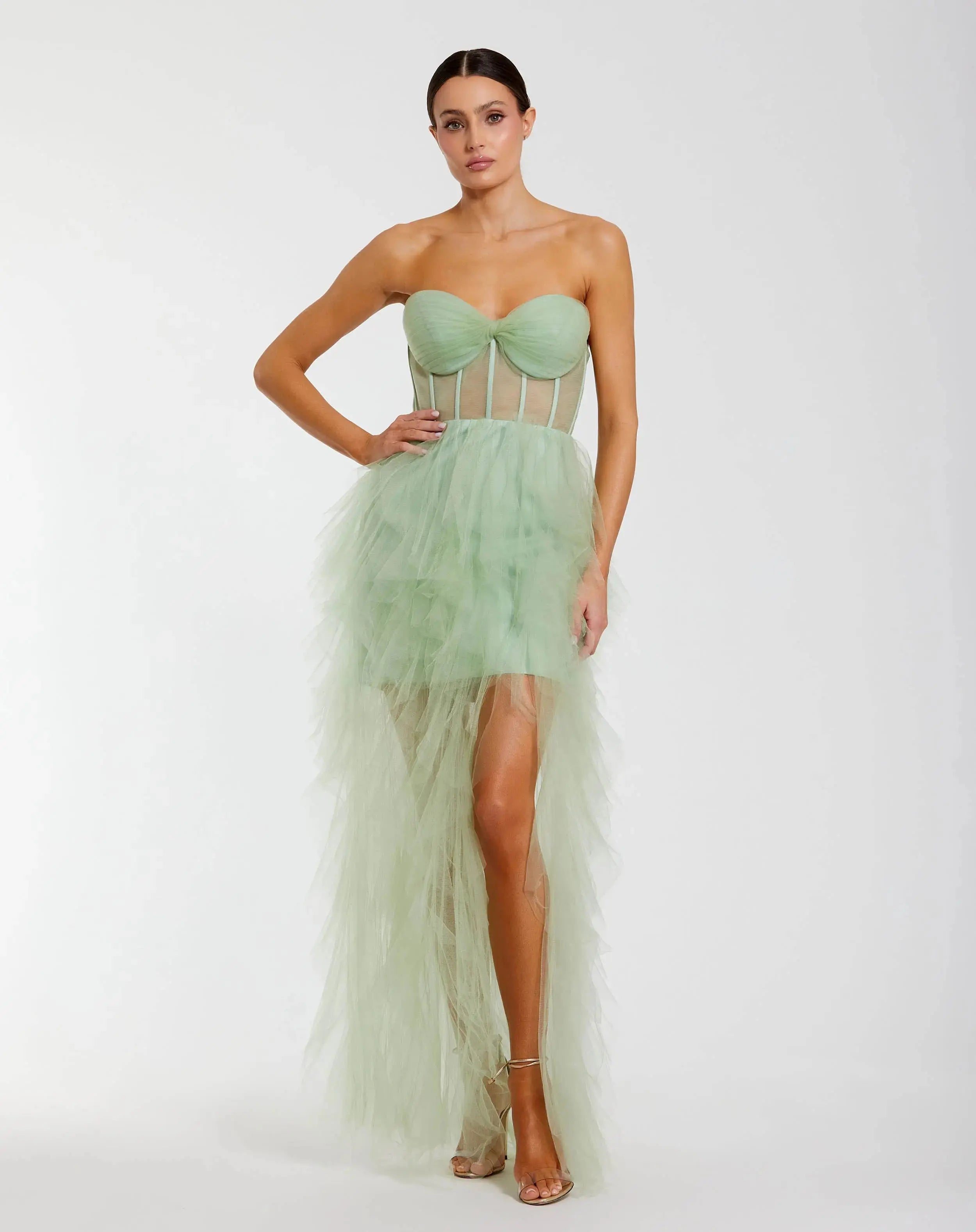 Green Strapless Corset Gown with Spiral Ruffles - Ieena for Mac Duggal