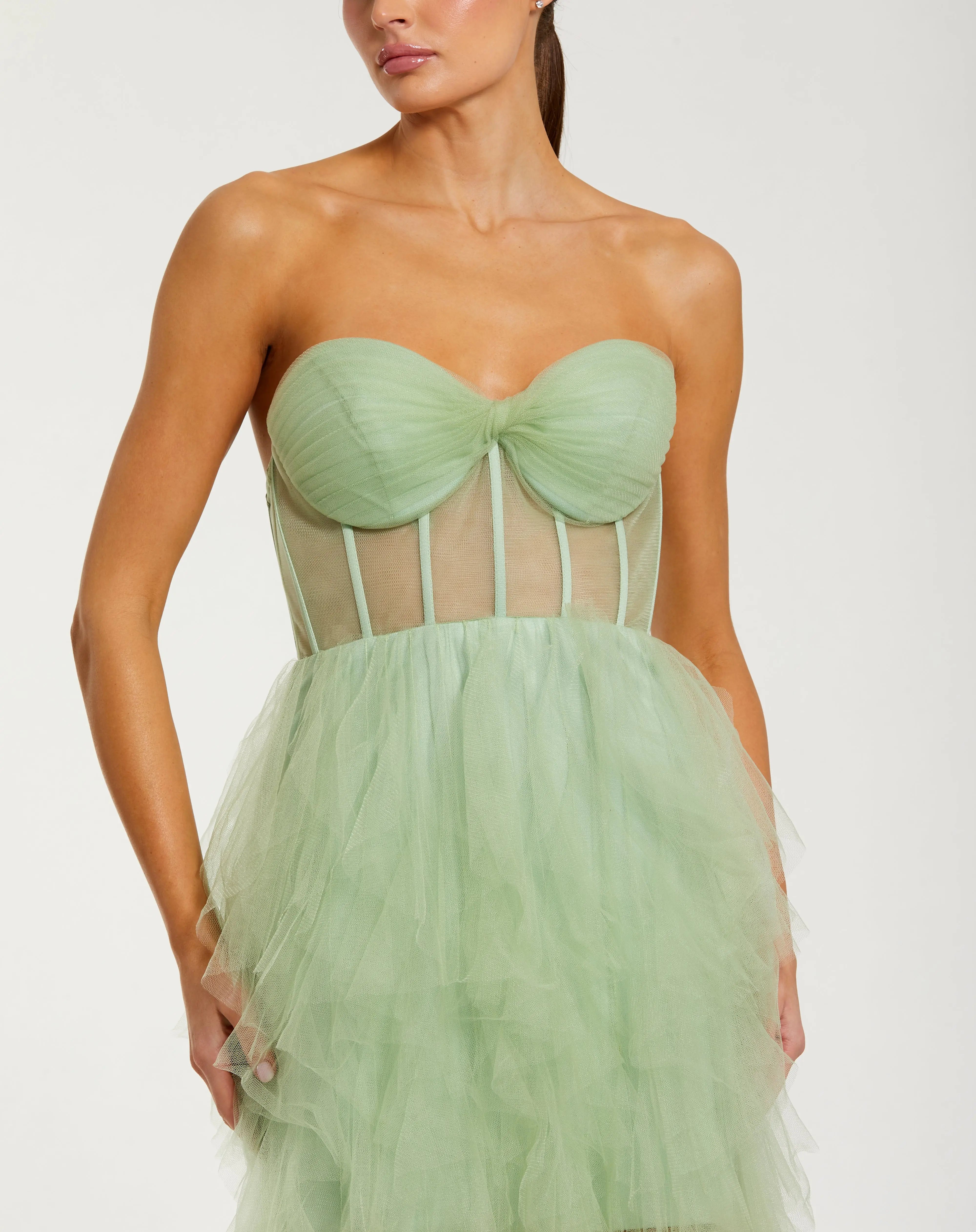 Green Strapless Corset Gown with Spiral Ruffles Ieena for Mac Duggal