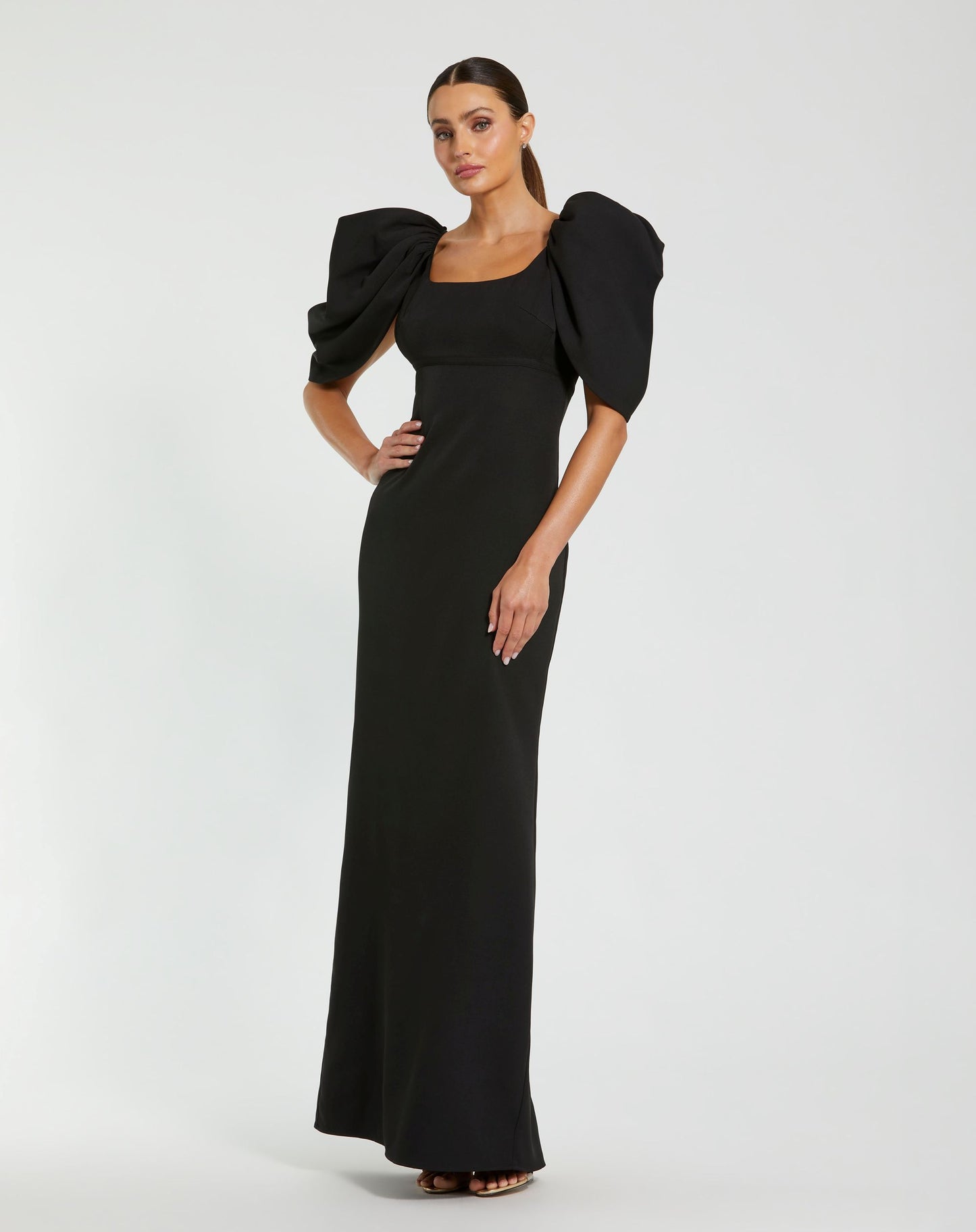 Black Crepe Square Neck Gown With Puff Sleeves - Ieena for Mac Duggal