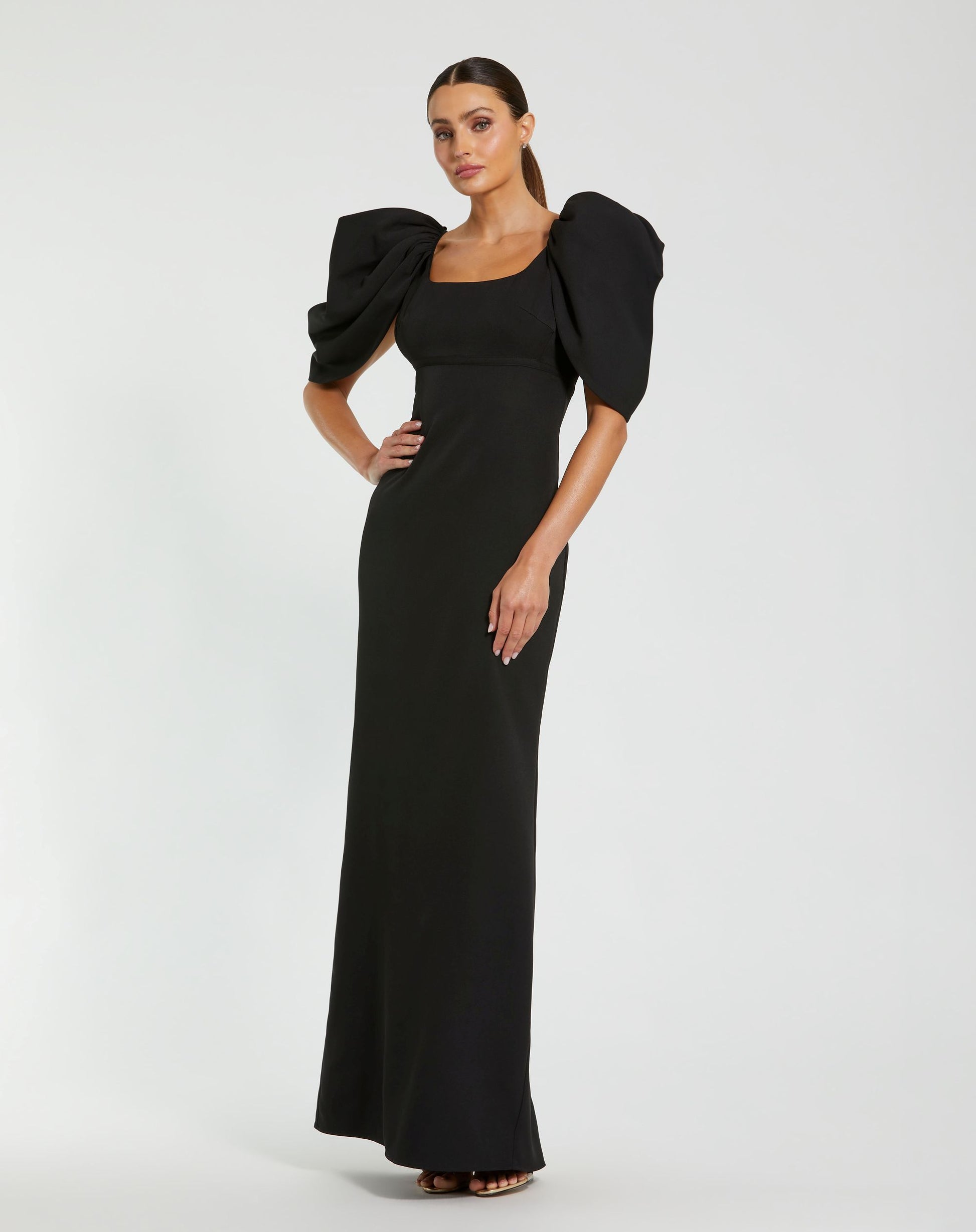 Black Crepe Square Neck Gown With Puff Sleeves - Ieena for Mac Duggal