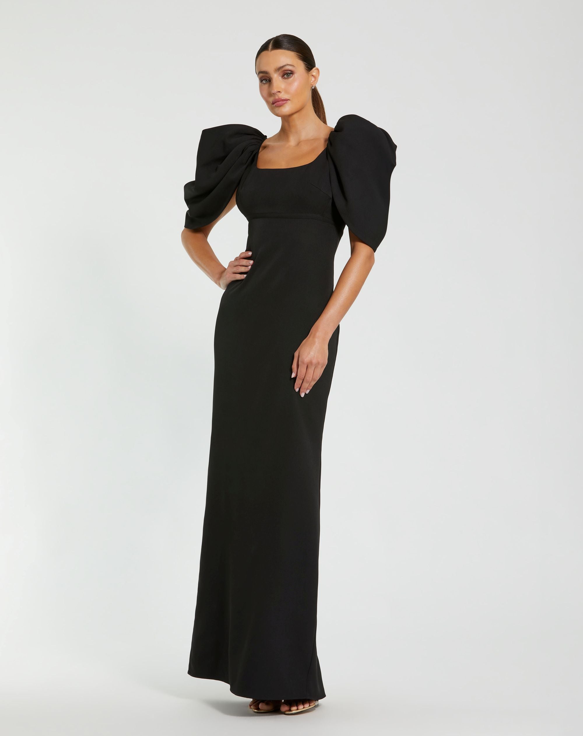 Black Crepe Square Neck Gown With Puff Sleeves - Ieena for Mac Duggal