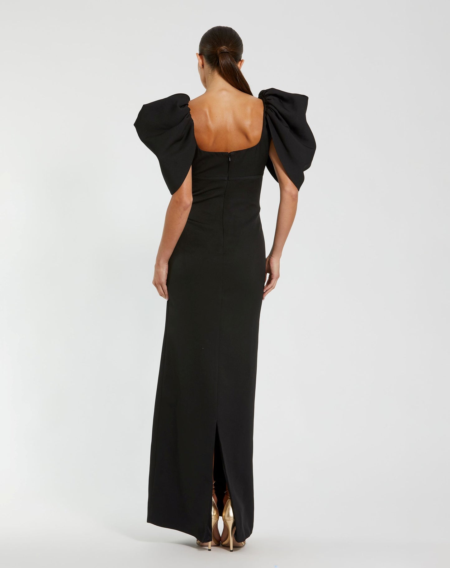 Black Crepe Square Neck Gown With Puff Sleeves - Ieena for Mac Duggal