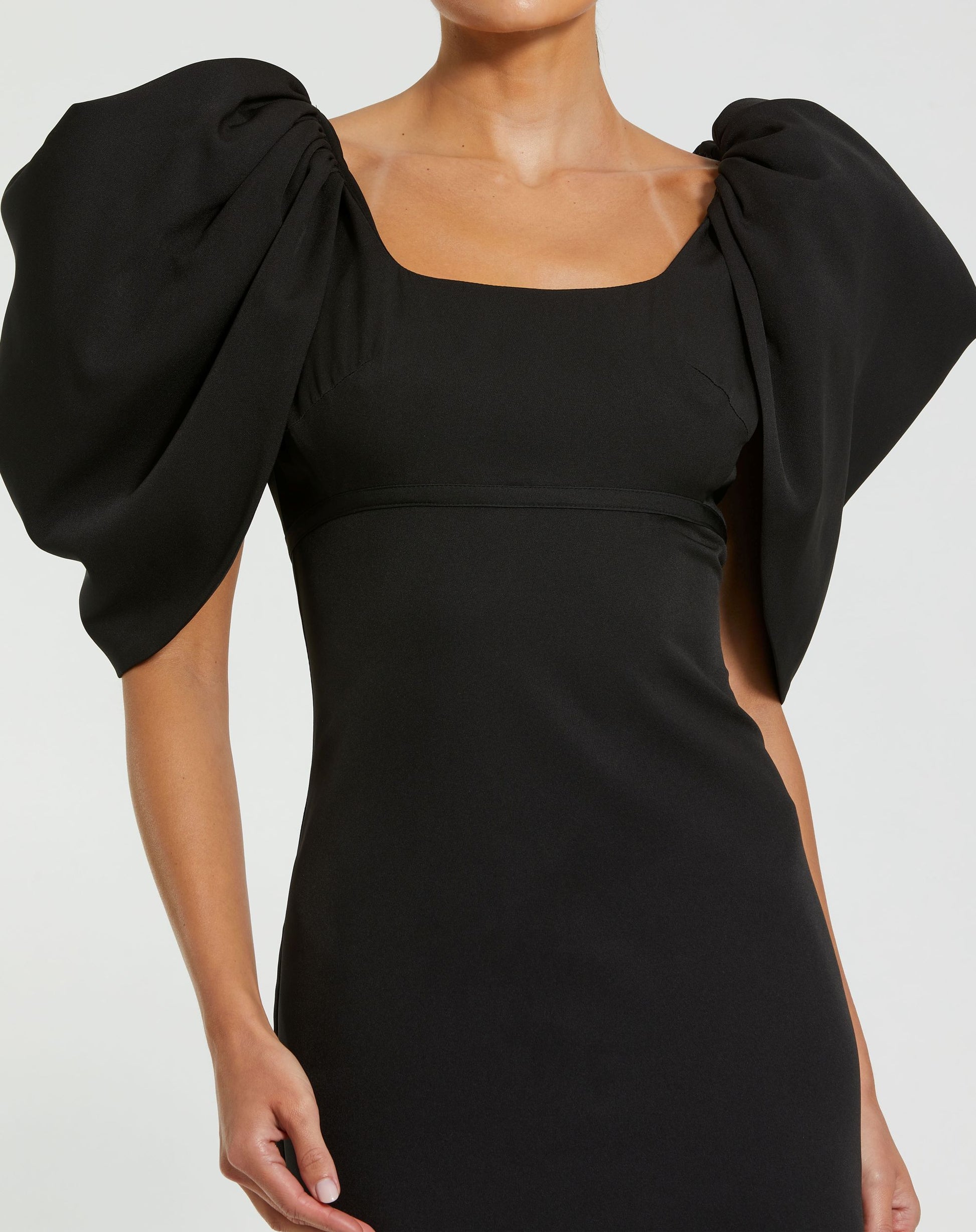 Black Crepe Square Neck Gown With Puff Sleeves - Ieena for Mac Duggal