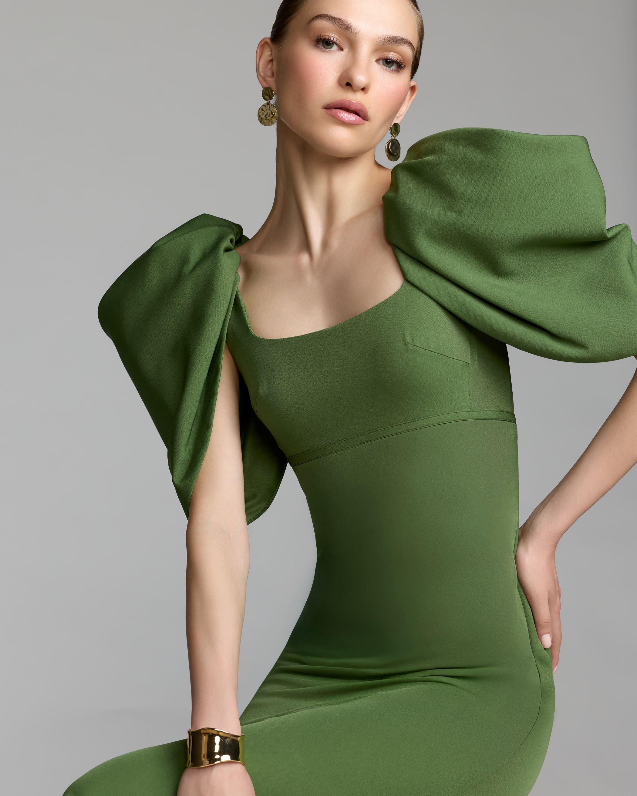 Green Crepe Square Neck Gown With Puff Sleeves - Ieena for Mac Duggal