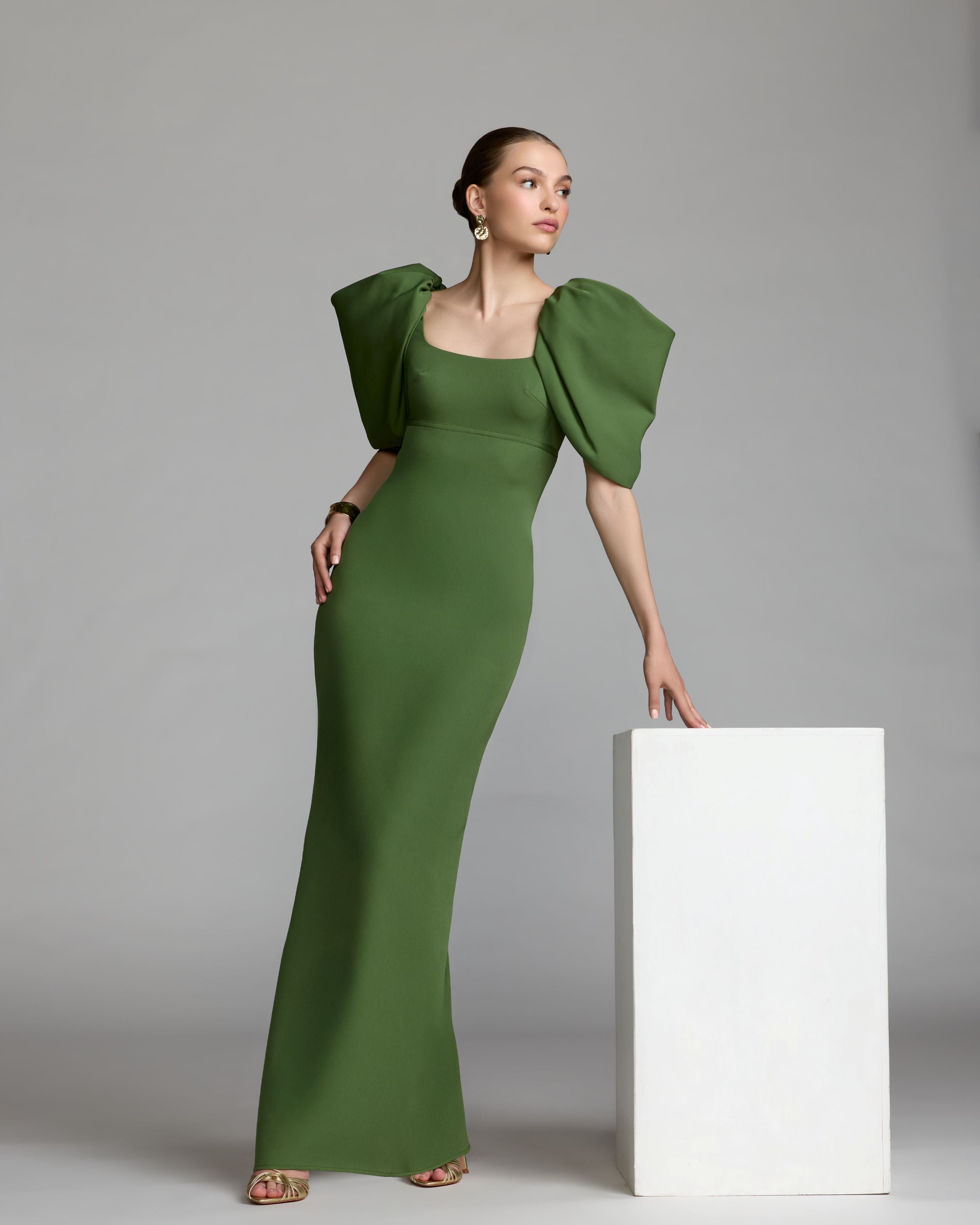 Green Crepe Square Neck Gown With Puff Sleeves - Ieena for Mac Duggal