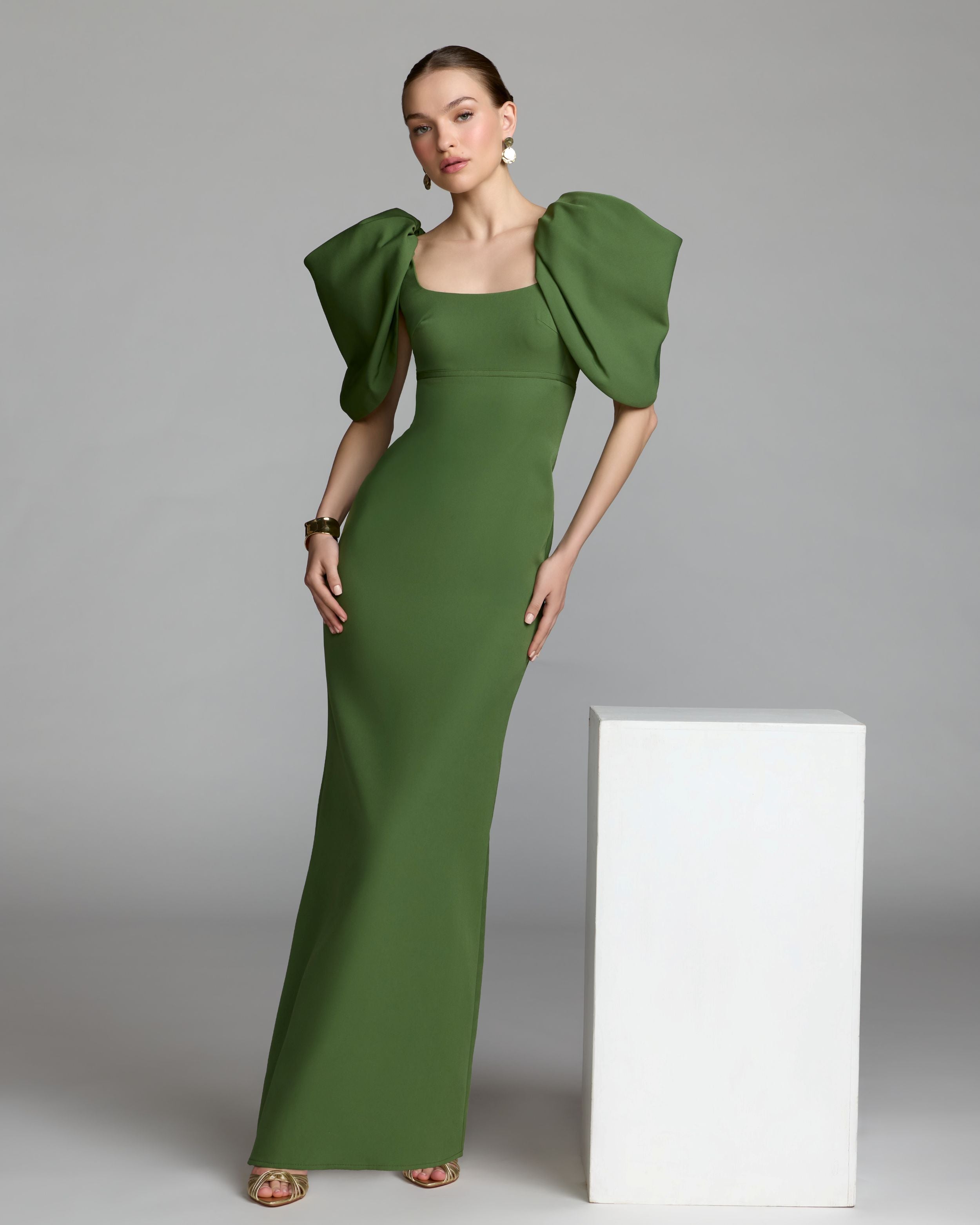 Green Crepe Square Neck Gown With Puff Sleeves - Ieena for Mac Duggal
