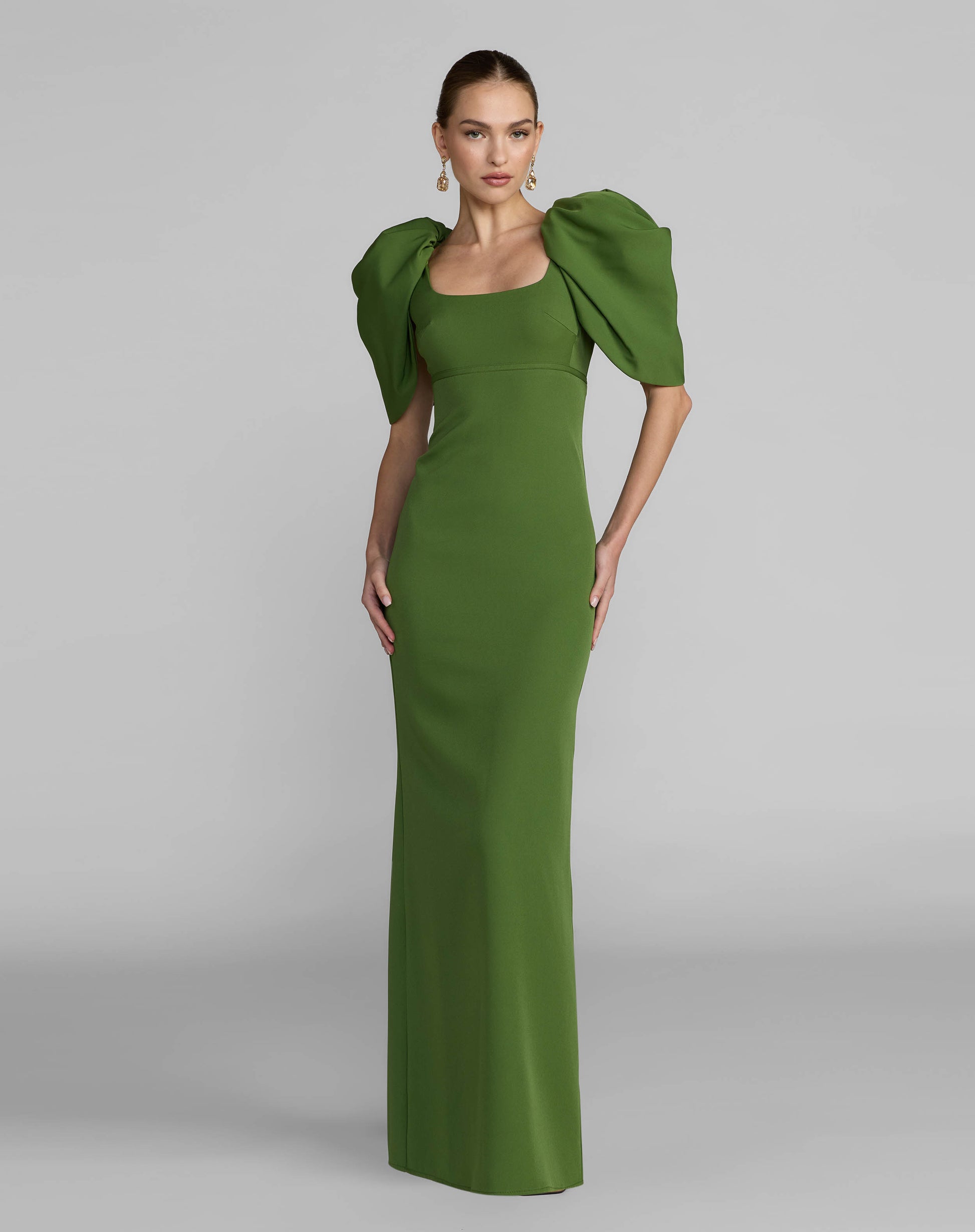 Green Crepe Square Neck Gown With Puff Sleeves - Ieena for Mac Duggal