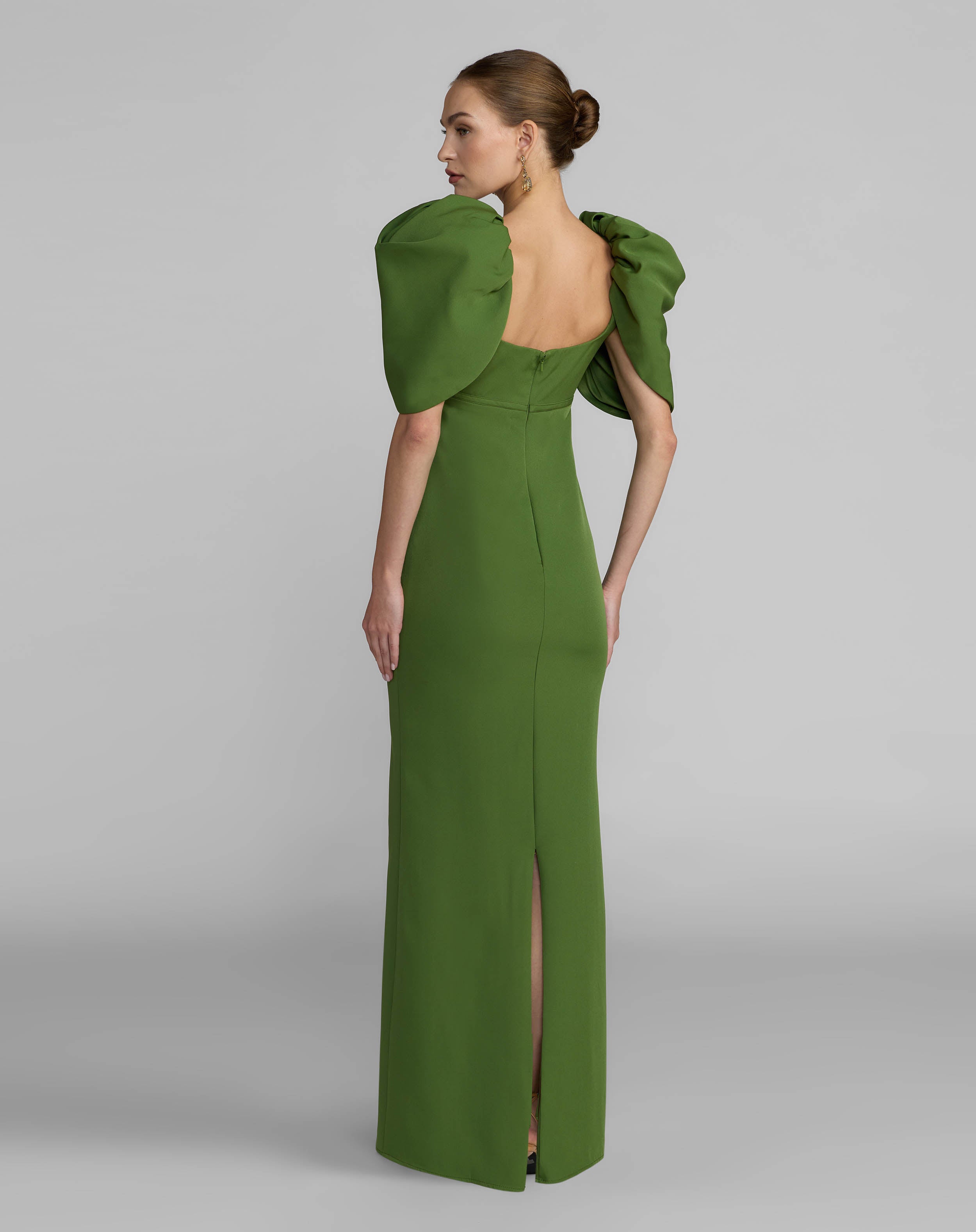 Green Crepe Square Neck Gown With Puff Sleeves - Ieena for Mac Duggal
