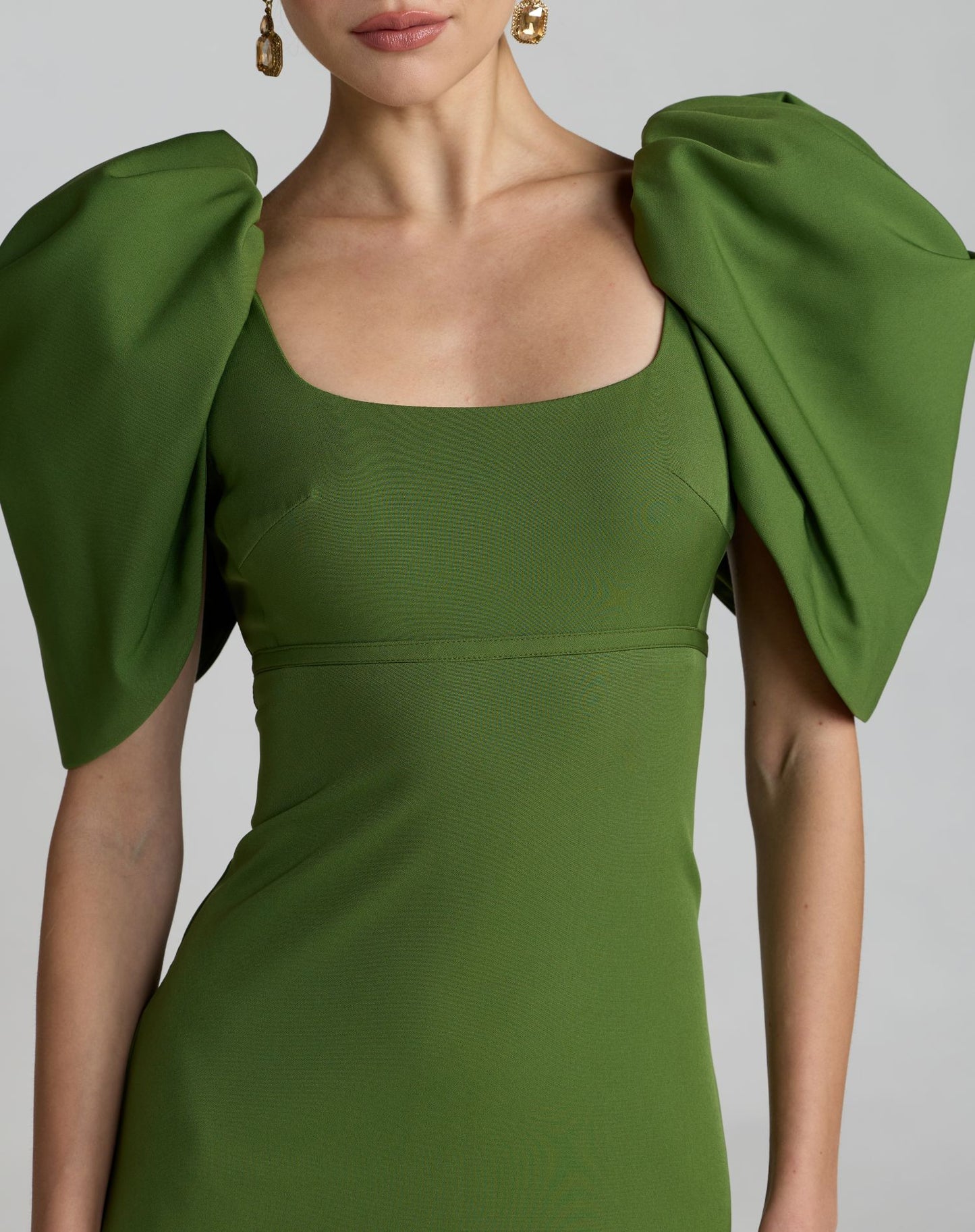 Green Crepe Square Neck Gown With Puff Sleeves - Ieena for Mac Duggal