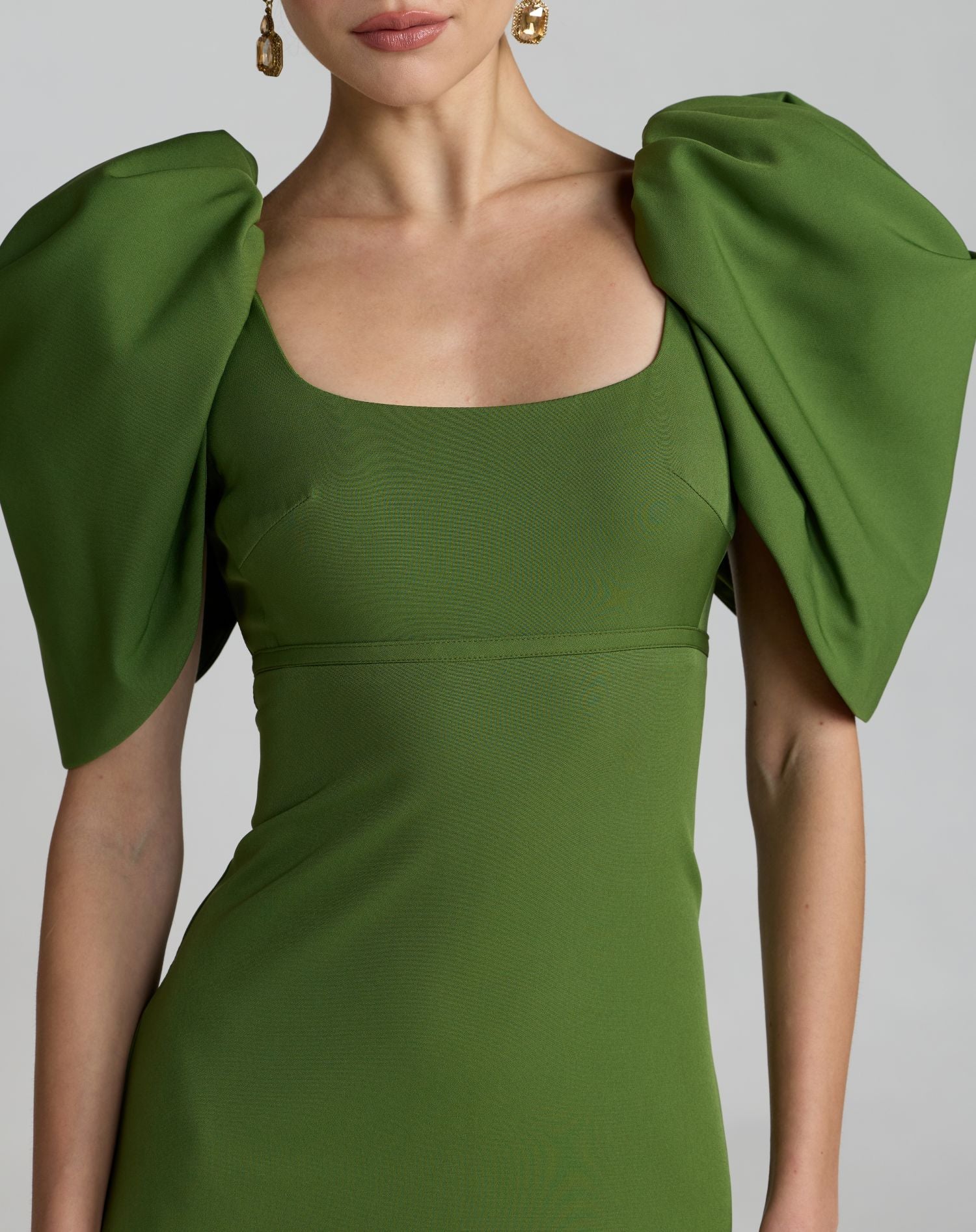 Green Crepe Square Neck Gown With Puff Sleeves - Ieena for Mac Duggal