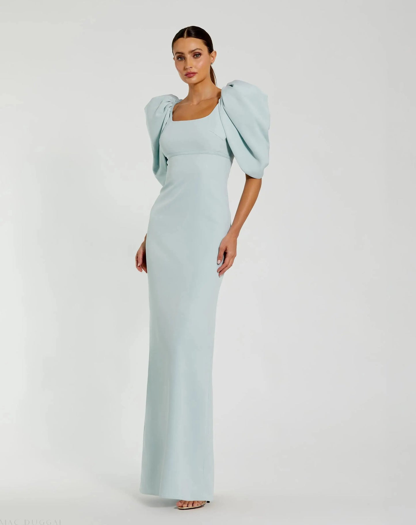 Blue Fitted Crepe Scoop Neck Gown With Puff Sleeves - Ieena for Mac Duggal