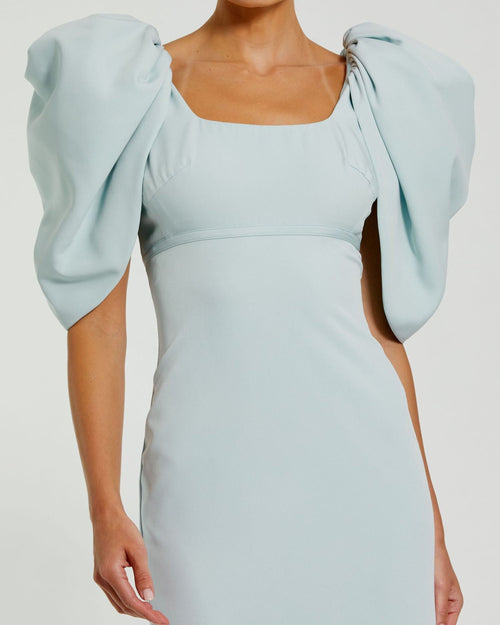 Blue Fitted Crepe Scoop Neck Gown With Puff Sleeves