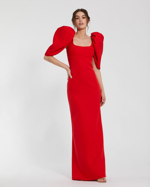 Fitted Crepe Scoop Neck Gown With Puff Sleeves