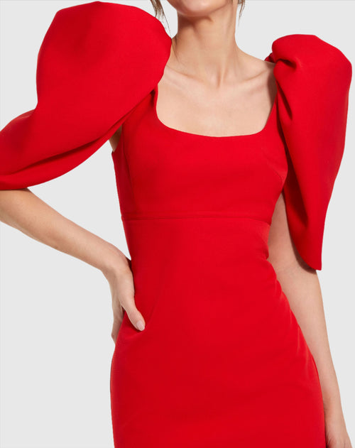 Fitted Crepe Scoop Neck Gown With Puff Sleeves