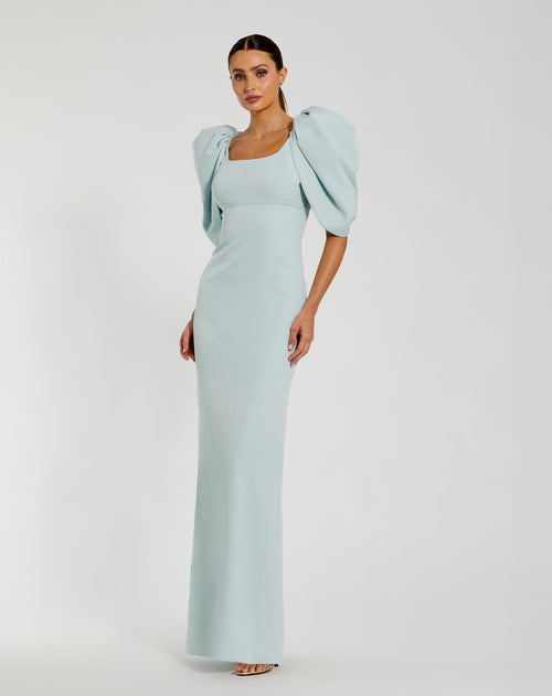 Blue Fitted Crepe Scoop Neck Gown With Puff Sleeves