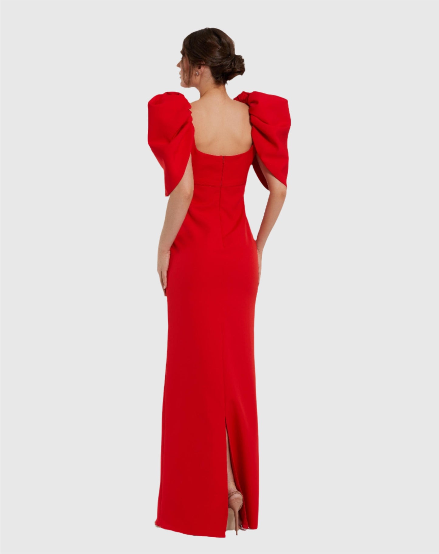 Fitted Crepe Scoop Neck Gown With Puff Sleeves