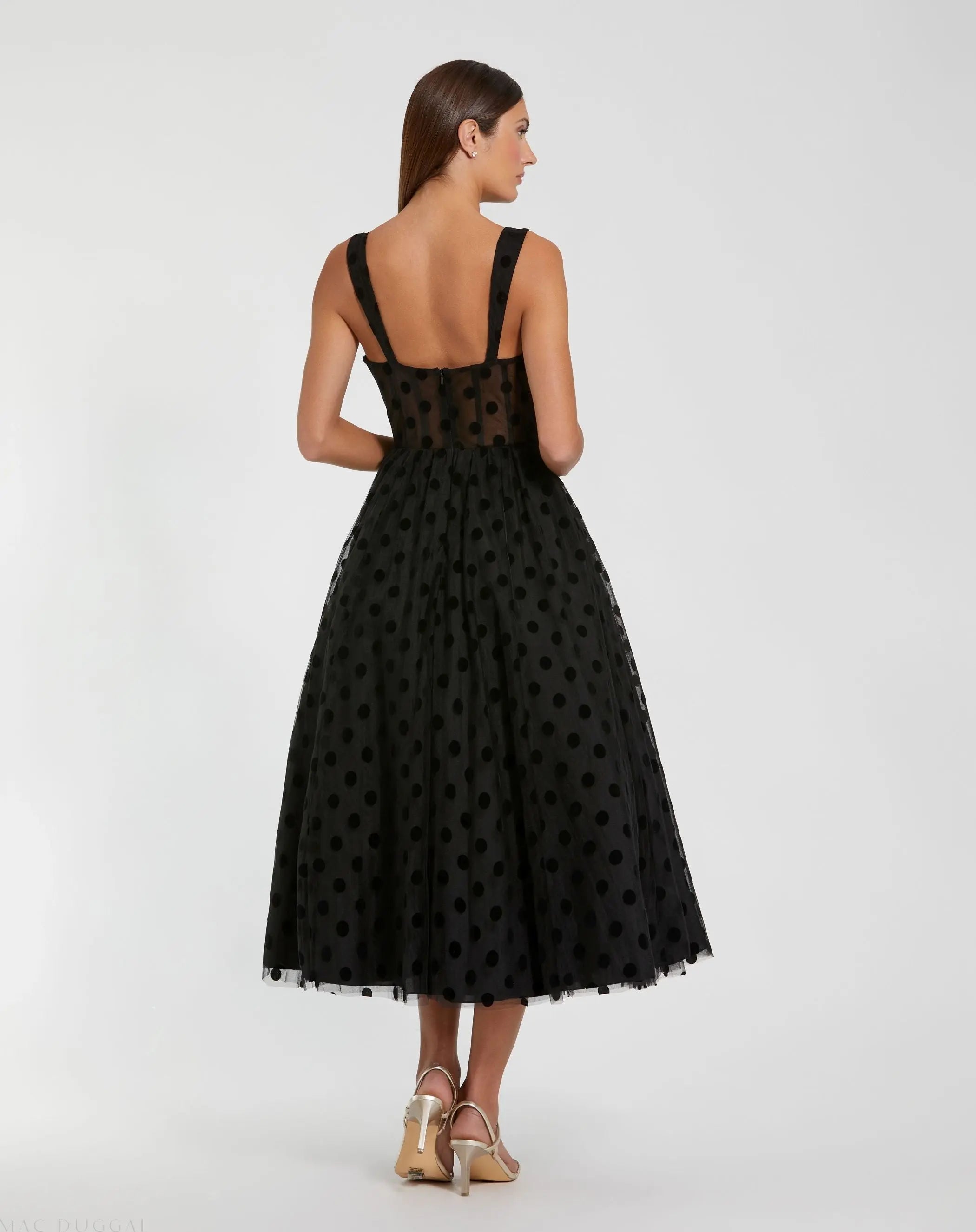 Black Polka Dot Tulle A-Line Midi Dress | Mac Duggal Black Polka Dot Tulle A-Line Midi Dress | Mac Duggal