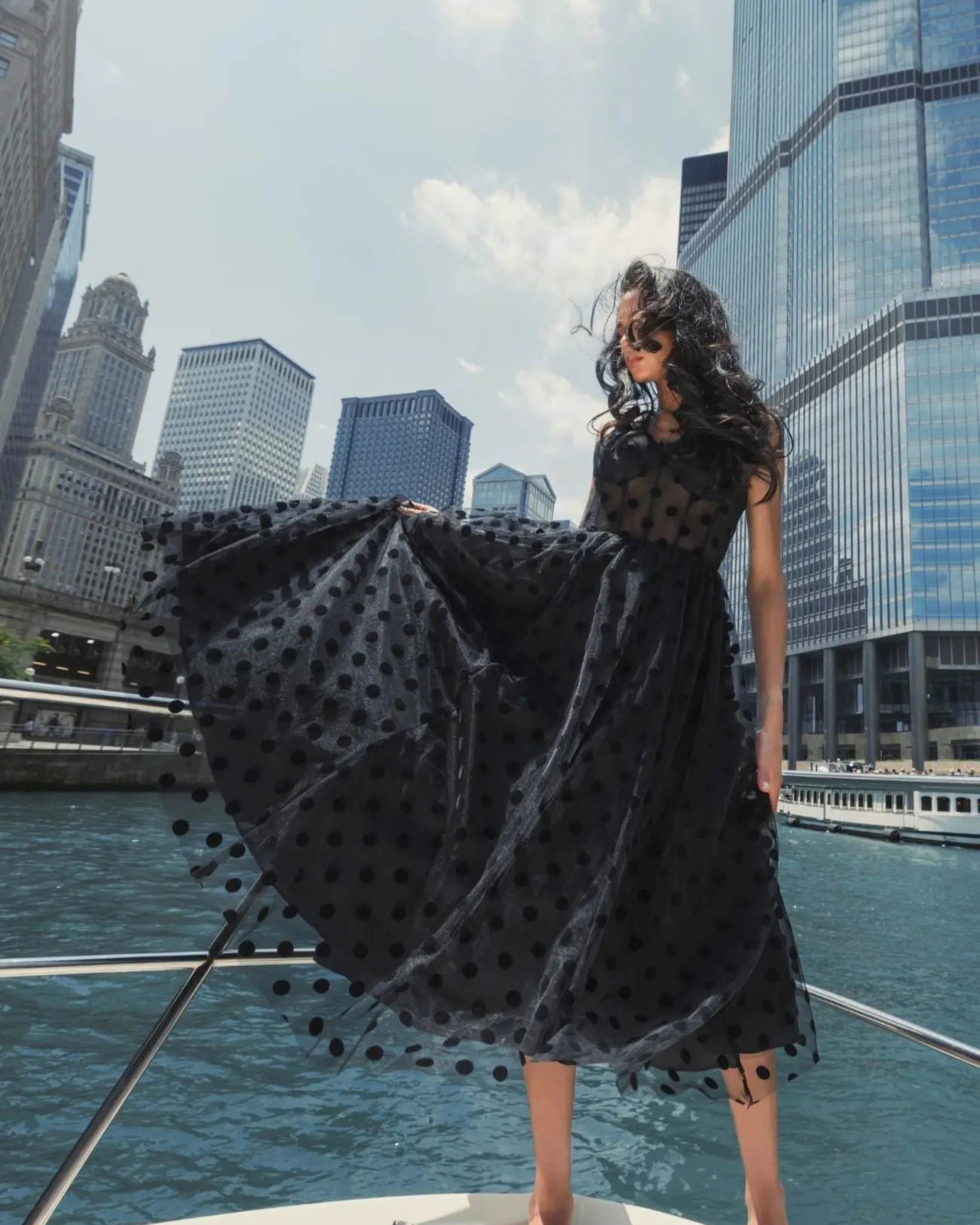 Black Polka Dot Net Bustier A-Line Midi Dress - Mac Duggal