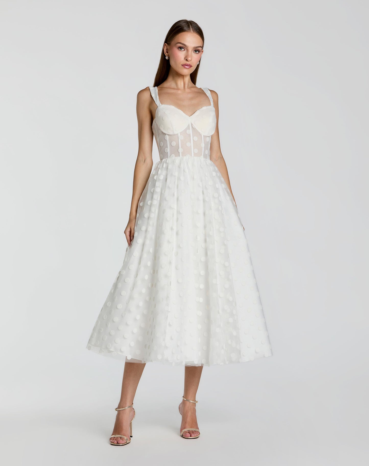 Ivory Polka Dot Tulle A-Line Midi Dress Ieena for Mac Duggal 