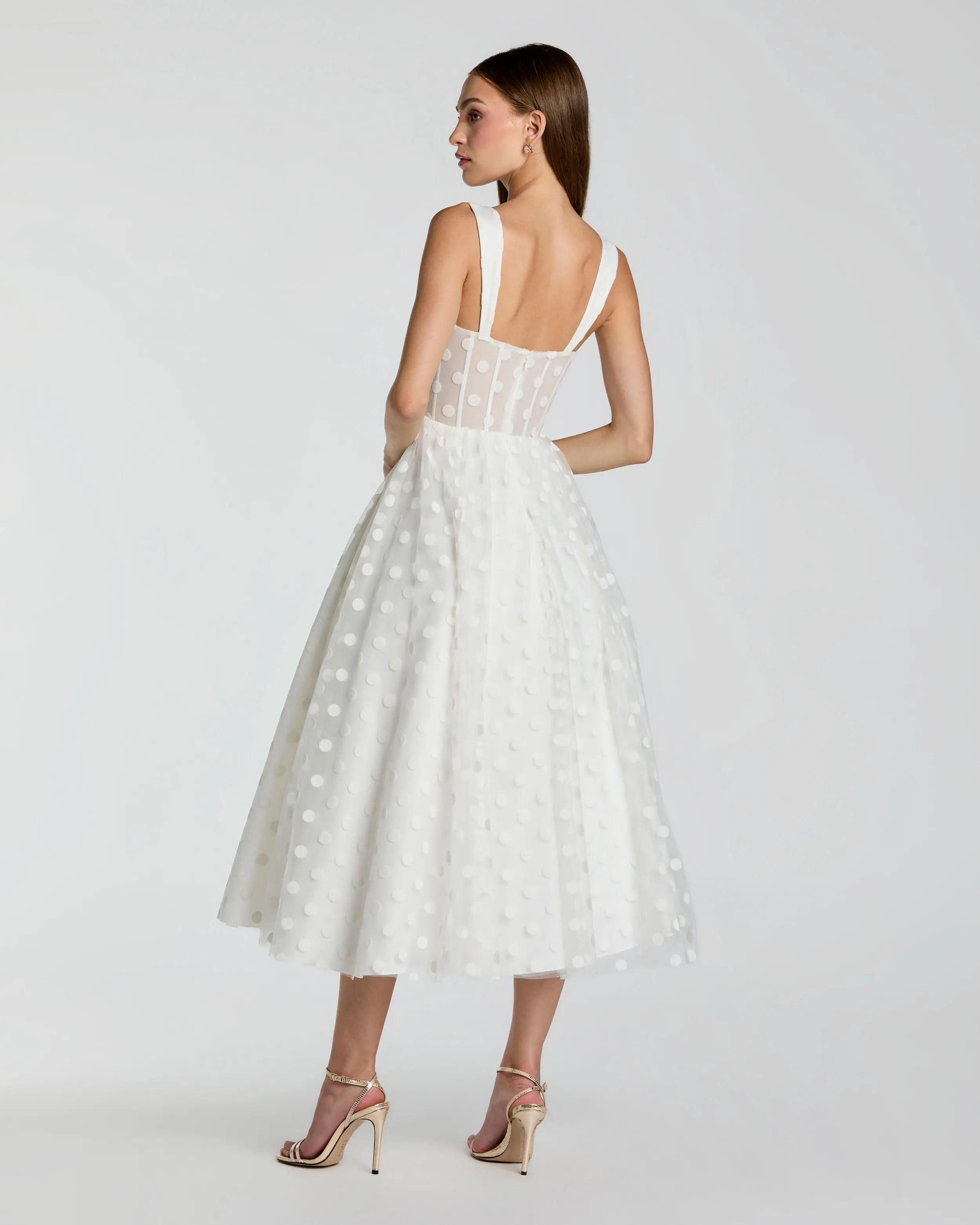 Ivory Polka Dot Tulle A-Line Midi Dress Ieena for Mac Duggal 