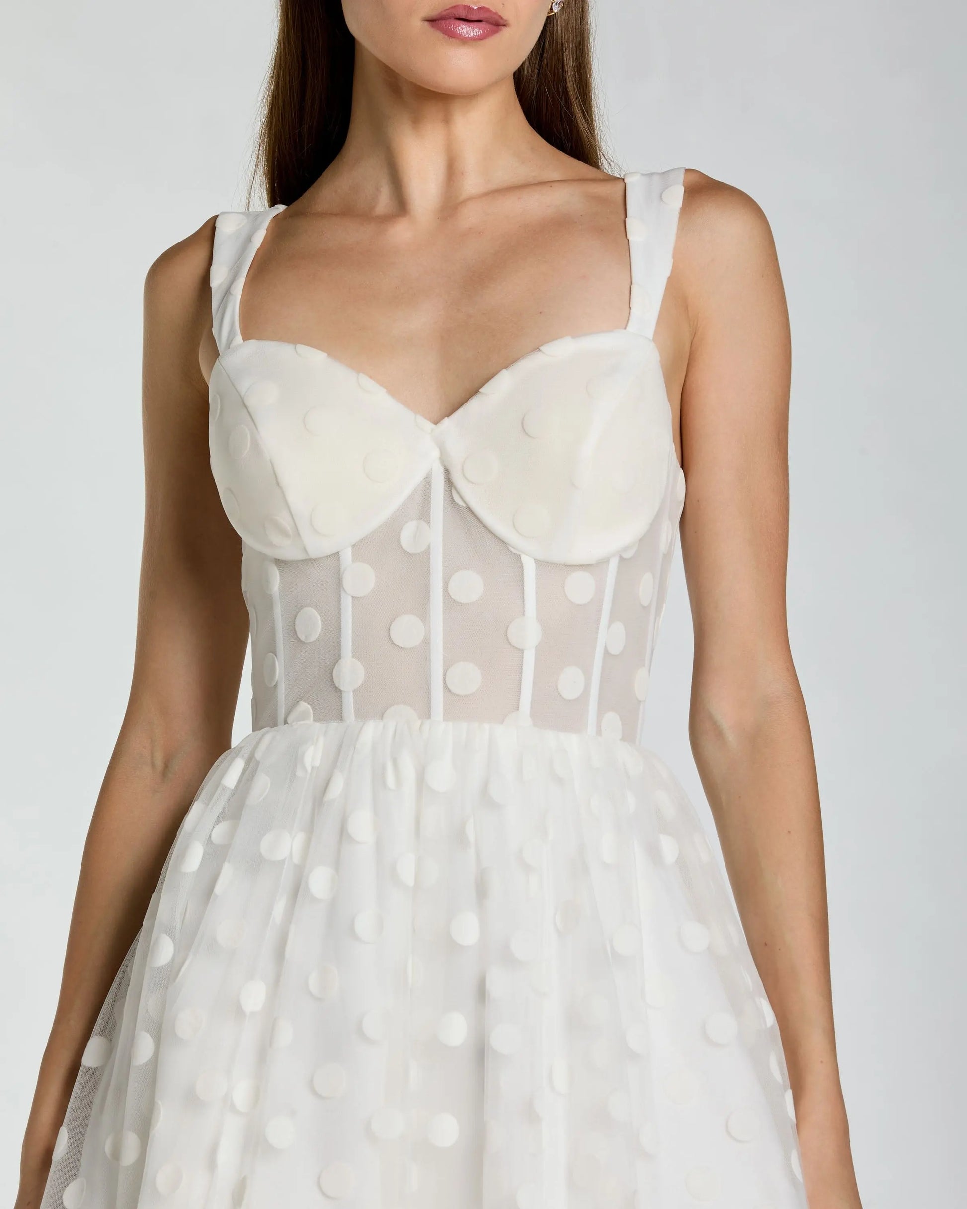 White Polka Dot Tulle A-Line Midi Dress | Mac Duggal White Polka Dot Tulle A-Line Midi Dress | Mac Duggal