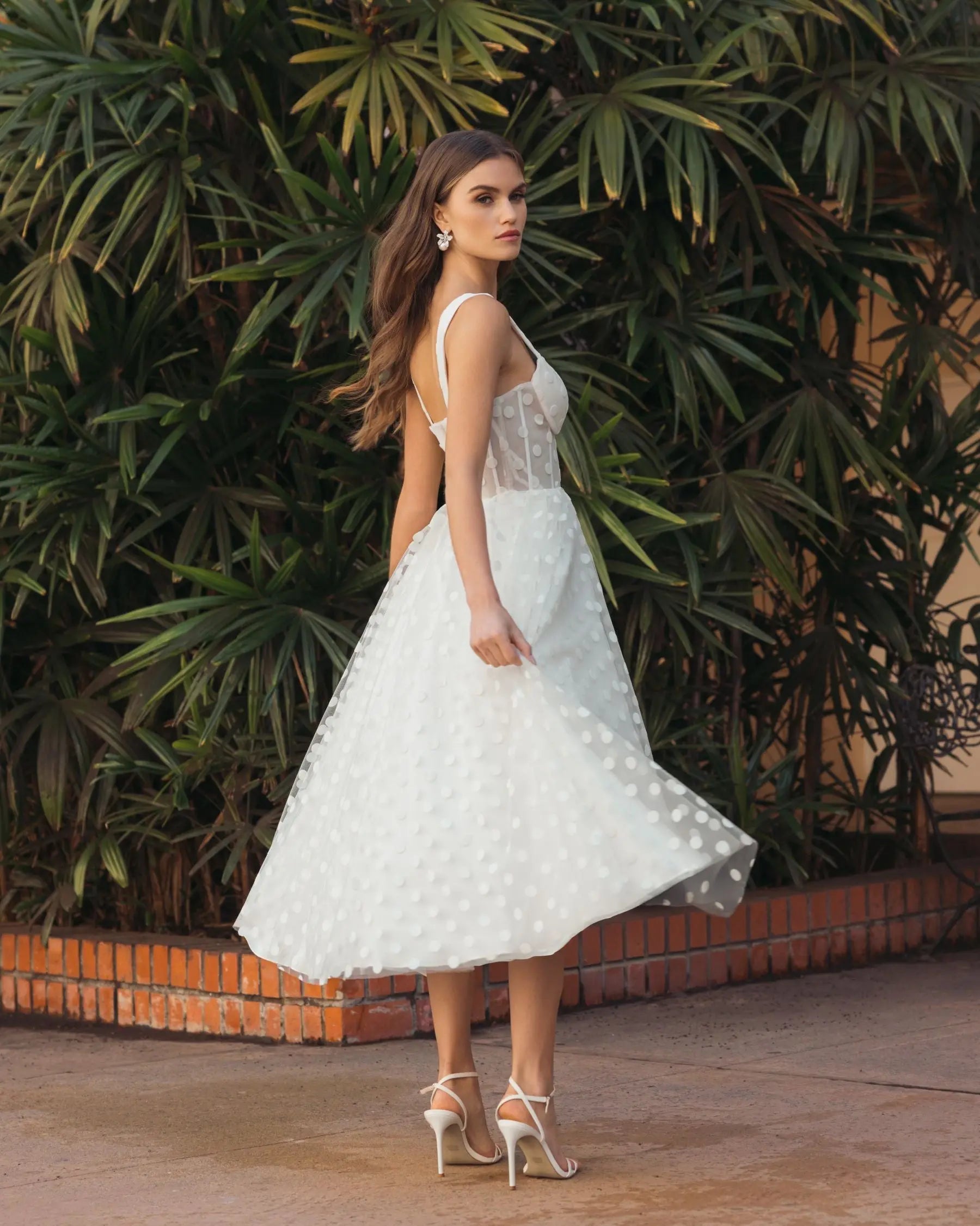 White Polka Dot Tulle A-Line Midi Dress | Mac Duggal White Polka Dot Tulle A-Line Midi Dress | Mac Duggal