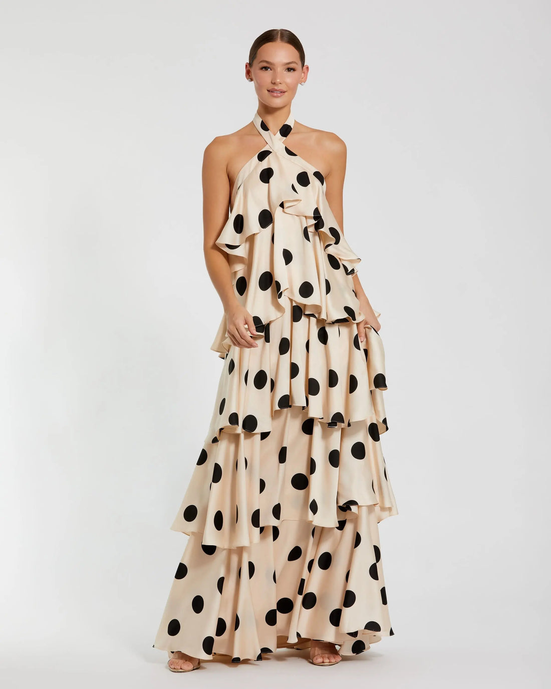 Beige Tiered Ruffle Polka Dot Charmeuse Gown | Mac Duggal Beige Tiered Ruffle Polka Dot Charmeuse Gown | Mac Duggal