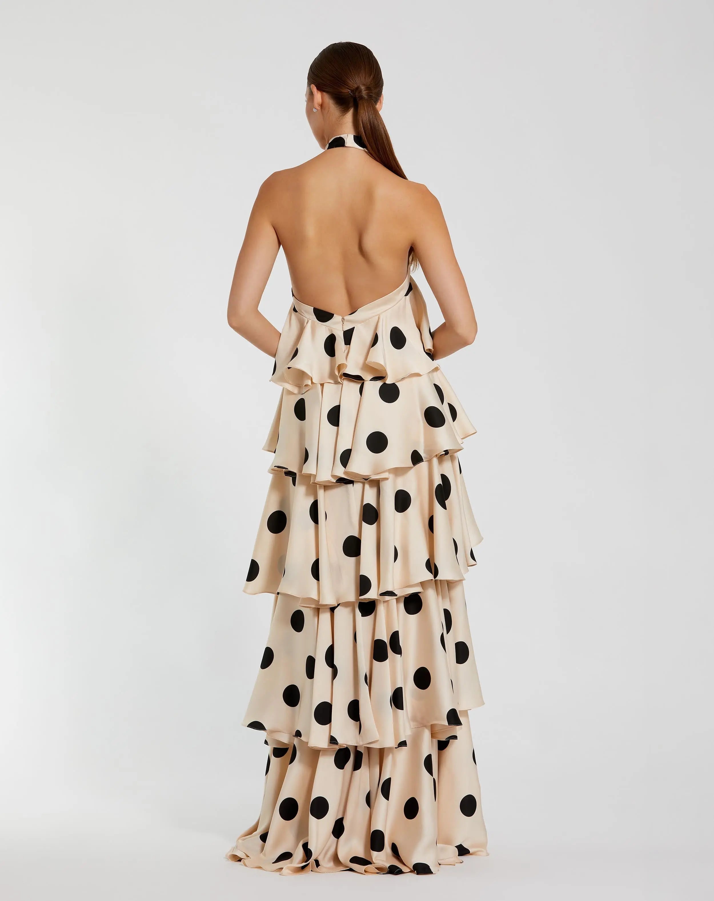 Beige Tiered Ruffle Polka Dot Charmeuse Gown - Ieena for Mac Duggal