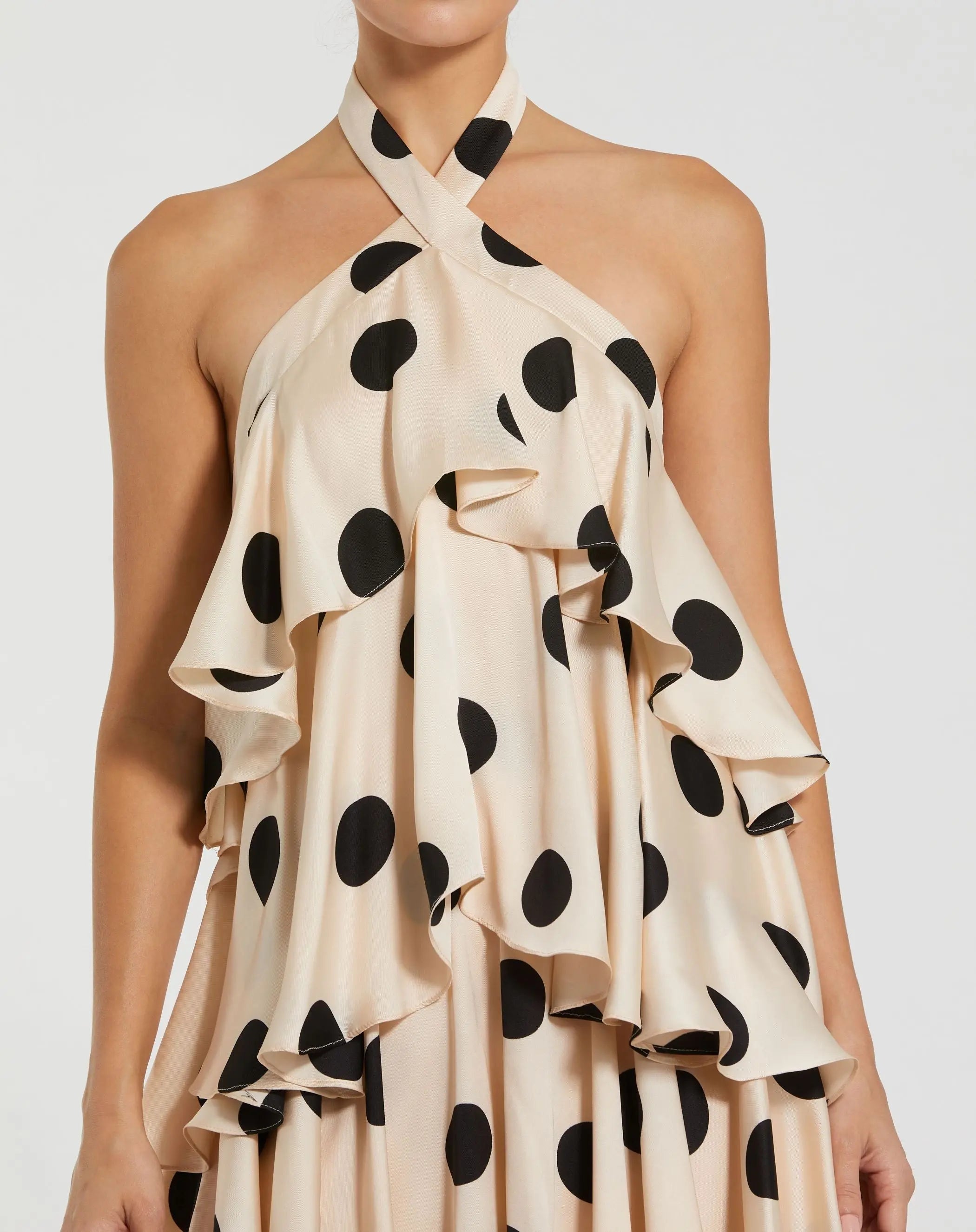 Beige Tiered Ruffle Polka Dot Charmeuse Gown - Ieena for Mac Duggal