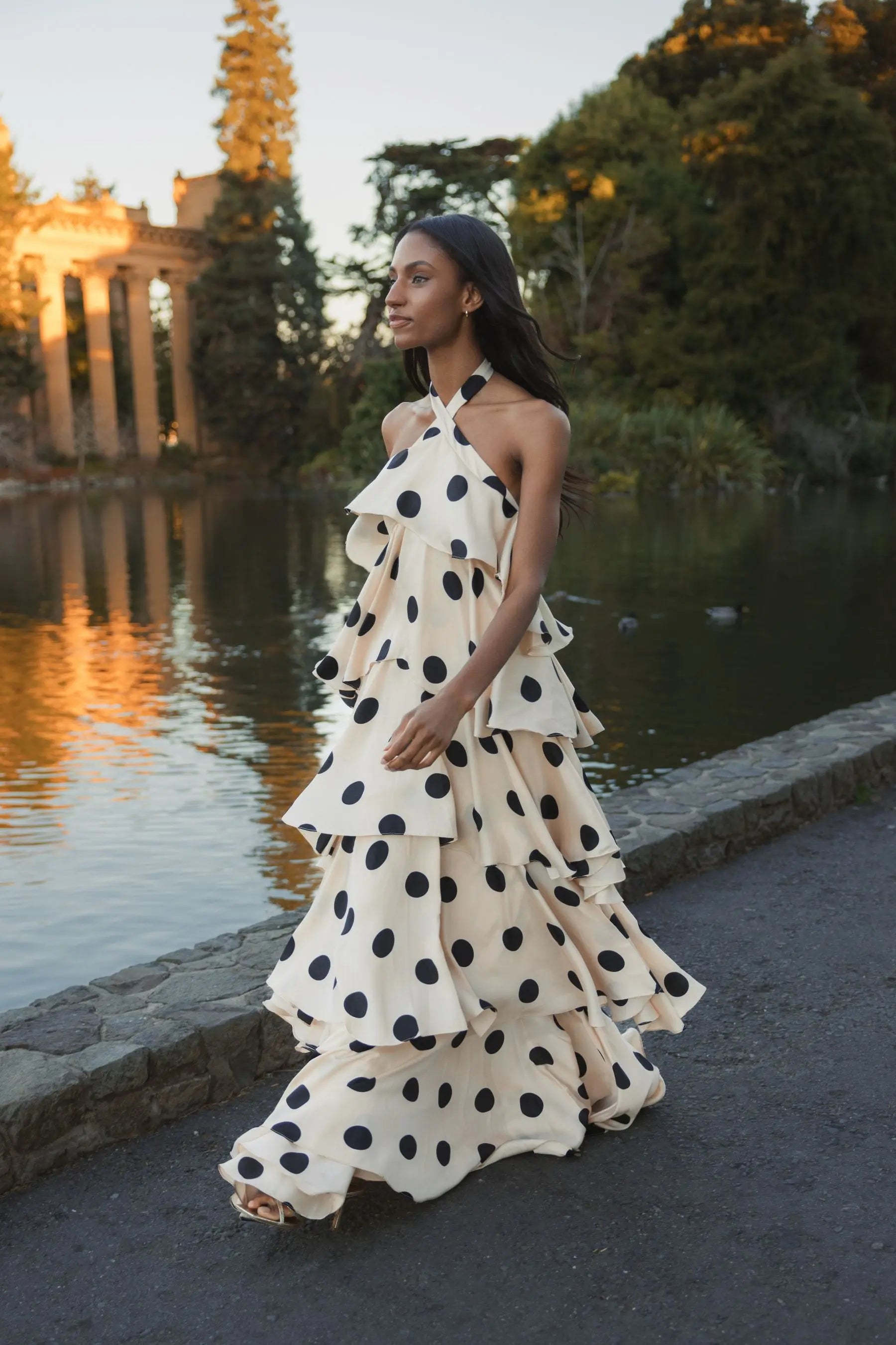 Beige Tiered Ruffle Polka Dot Charmeuse Gown - Ieena for Mac Duggal