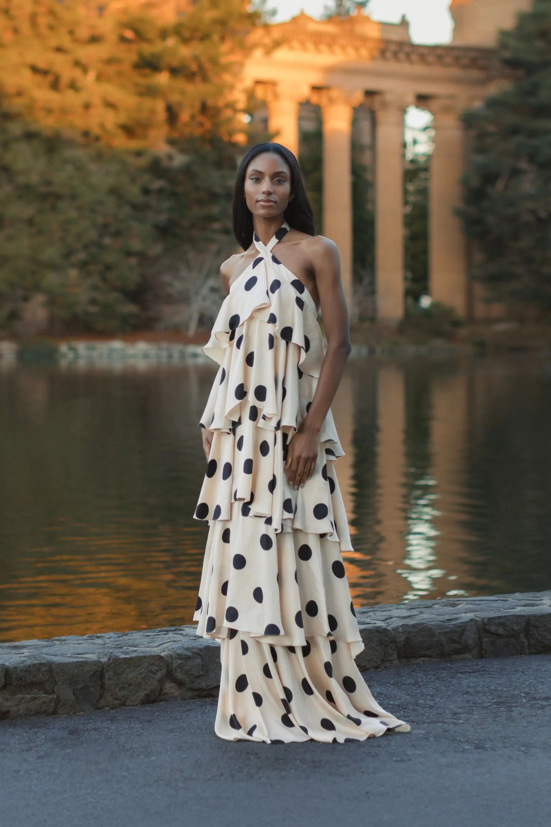 Beige Tiered Ruffle Polka Dot Charmeuse Gown Beige Tiered Ruffle Polka Dot Charmeuse Gown