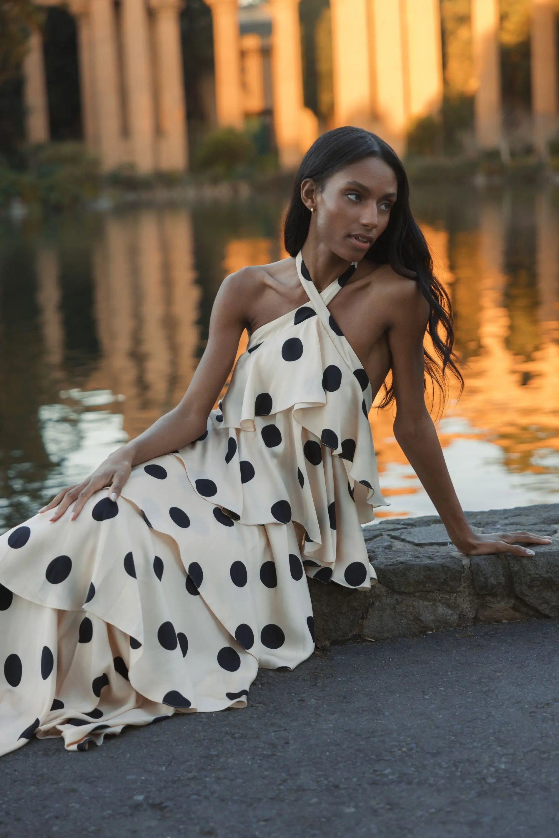 Beige Tiered Ruffle Polka Dot Charmeuse Gown Beige Tiered Ruffle Polka Dot Charmeuse Gown