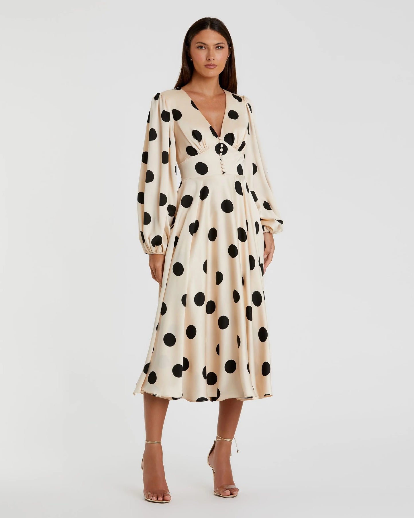 Beige Polka Dot Charmeuse Long Sleeve V Neck Midi Dress | Mac Duggal Beige Polka Dot Charmeuse Long Sleeve V Neck Midi Dress | Mac Duggal